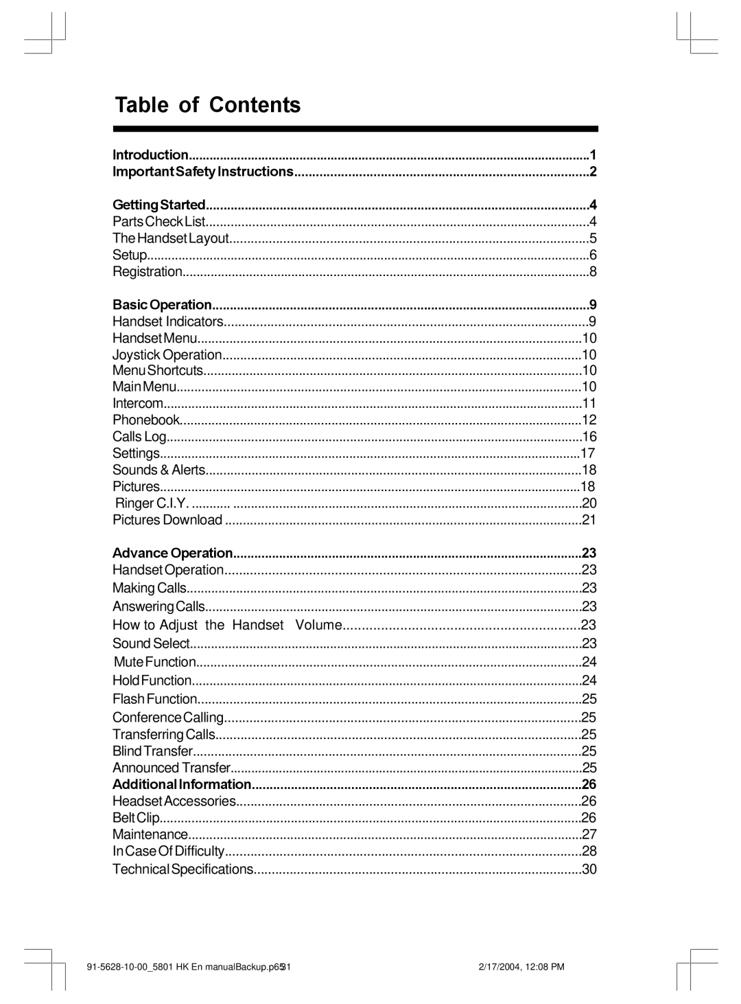 VTech GiGA5.8x VT5886, GiGA5.8x VT5836 user manual Table of Contents 