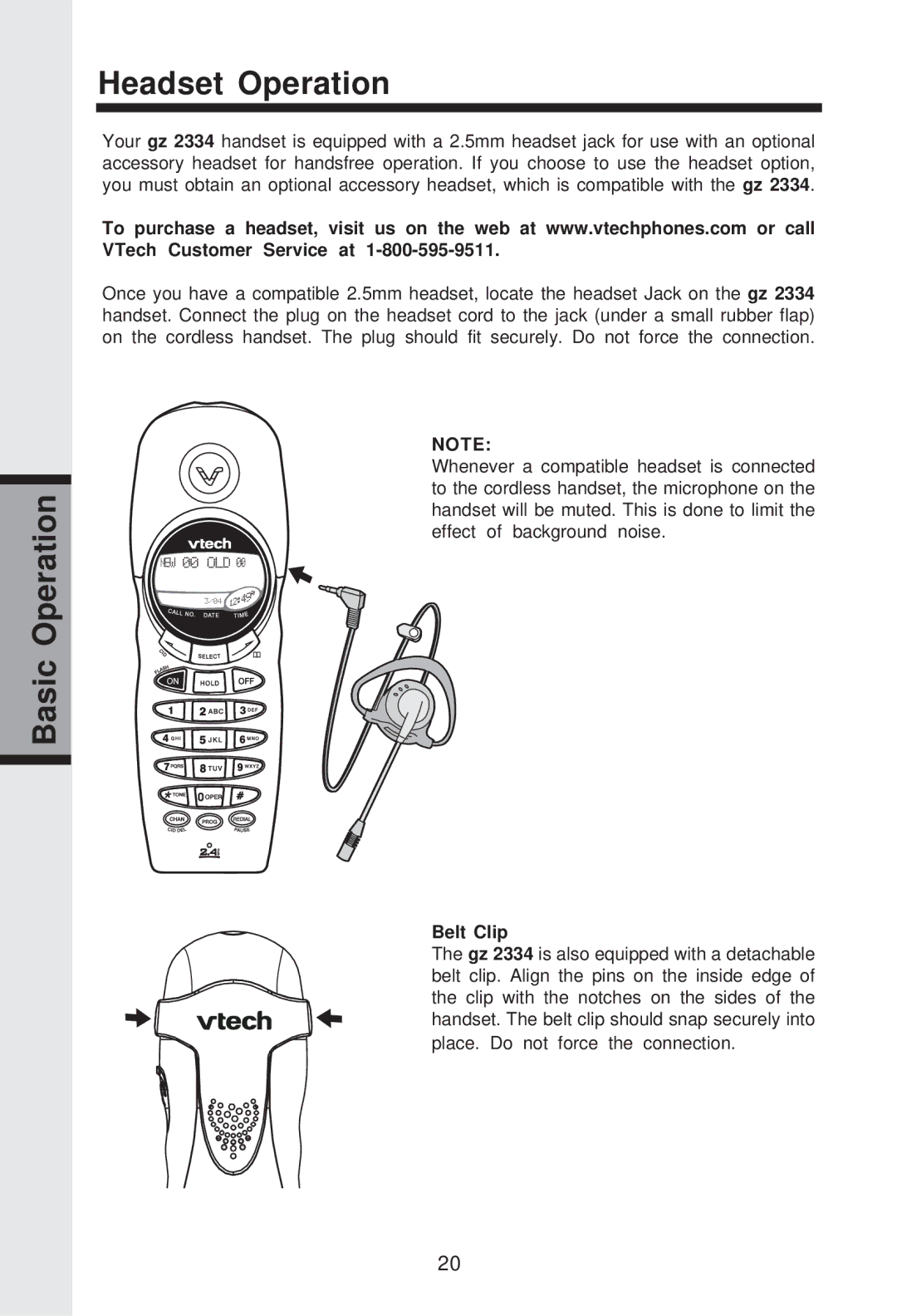 VTech GZ 2339 important safety instructions Basic Operation Headset Operation, Belt Clip 