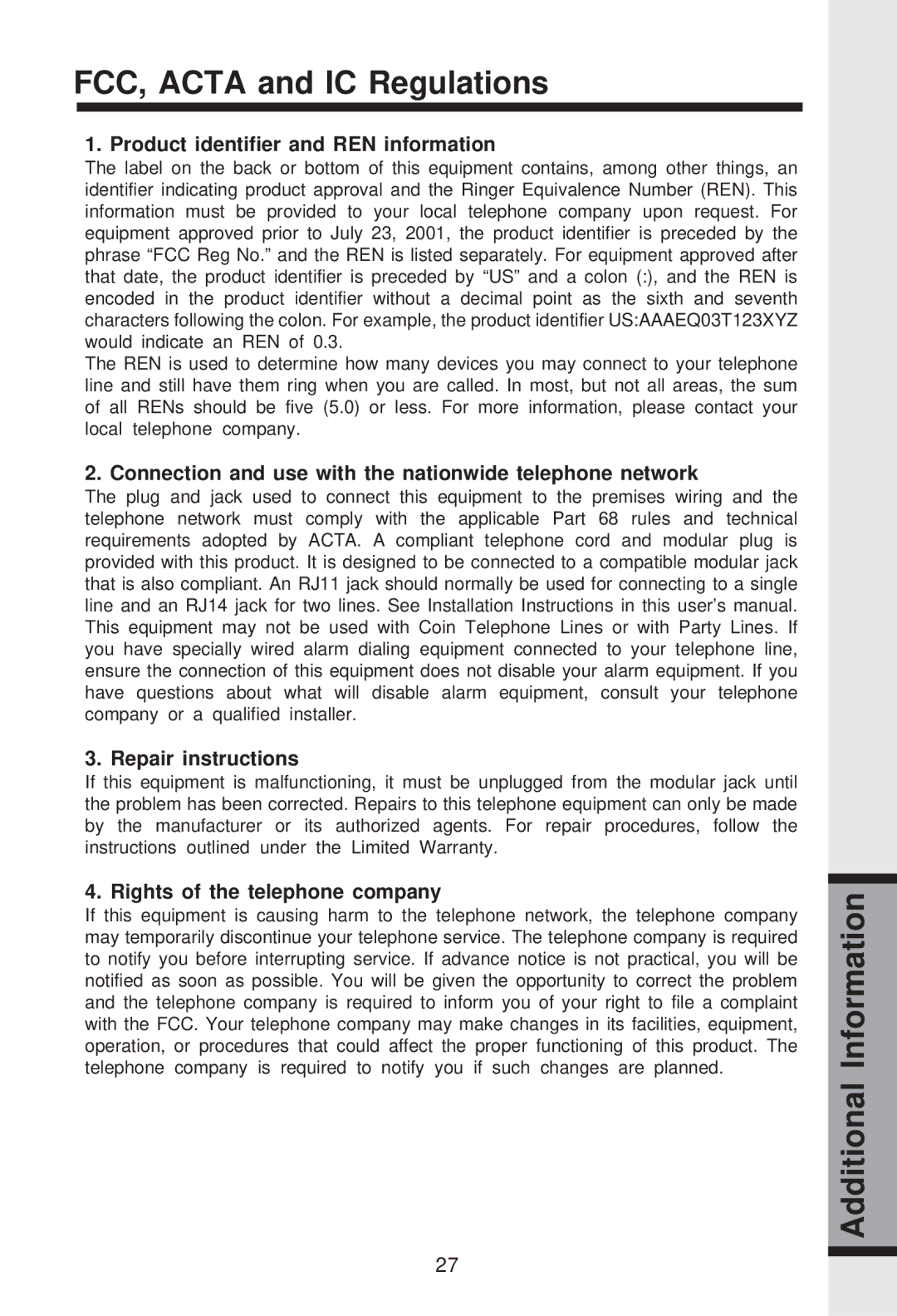 VTech GZ 2339 Product identifier and REN information, Connection and use with the nationwide telephone network 