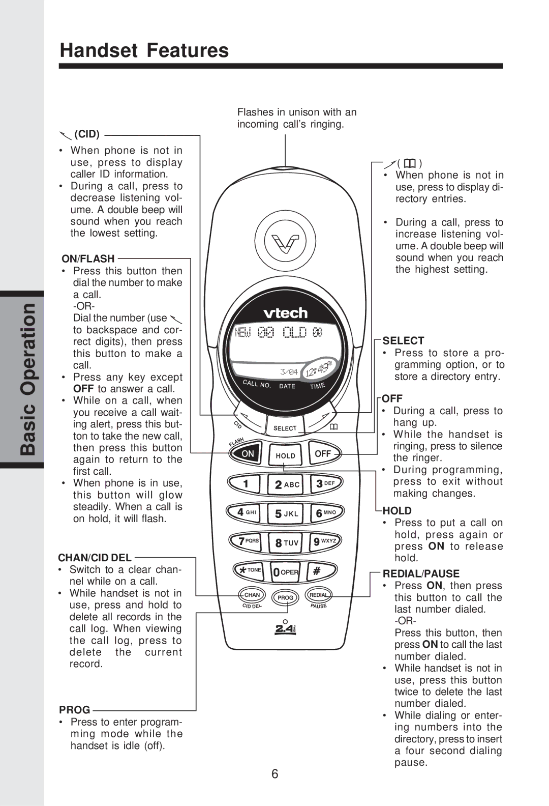 VTech GZ 2339 important safety instructions Handset Features Basic Operation, Cid 