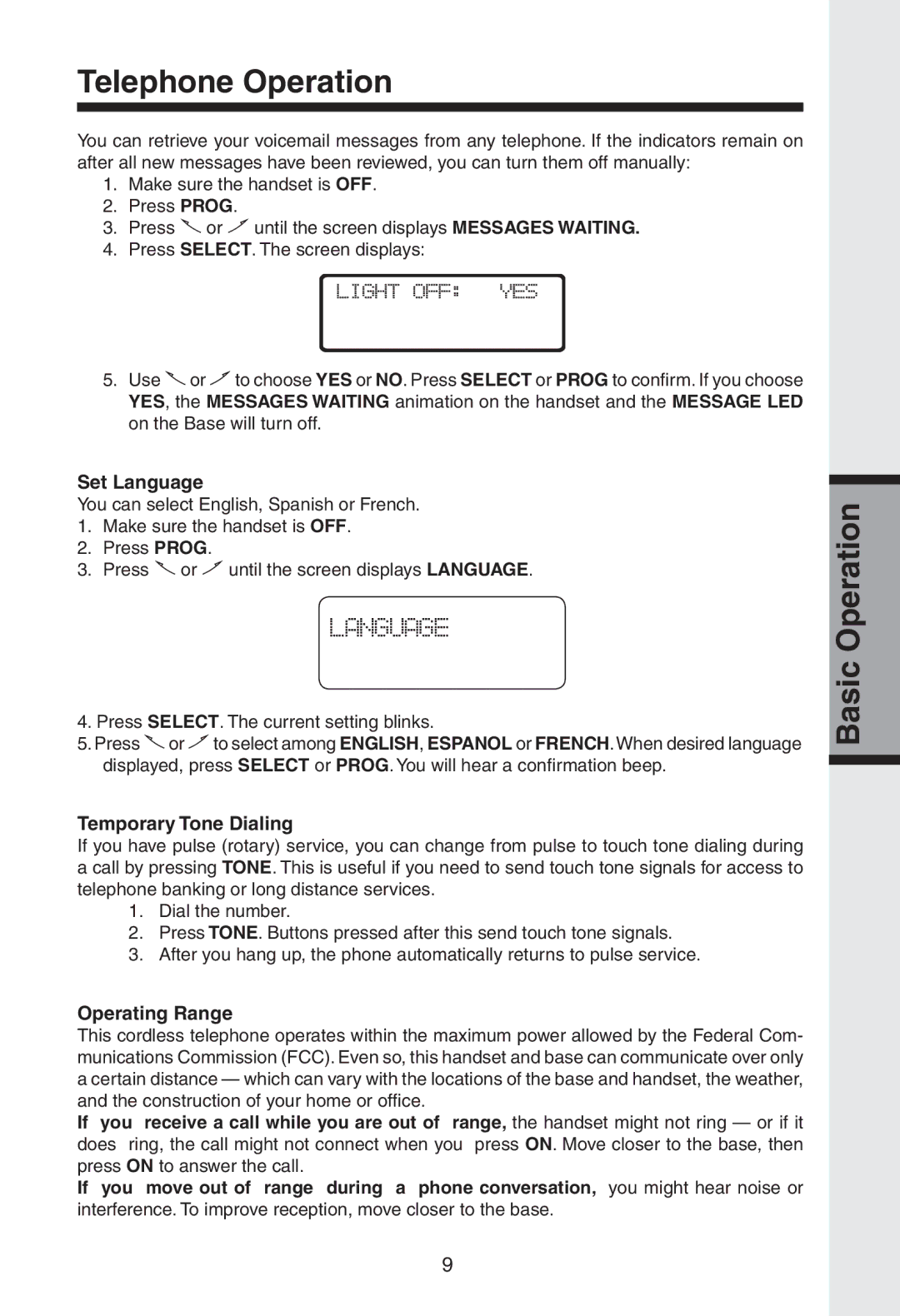 VTech gz2334 user manual Set Language, Temporary Tone Dialing, Operating Range 