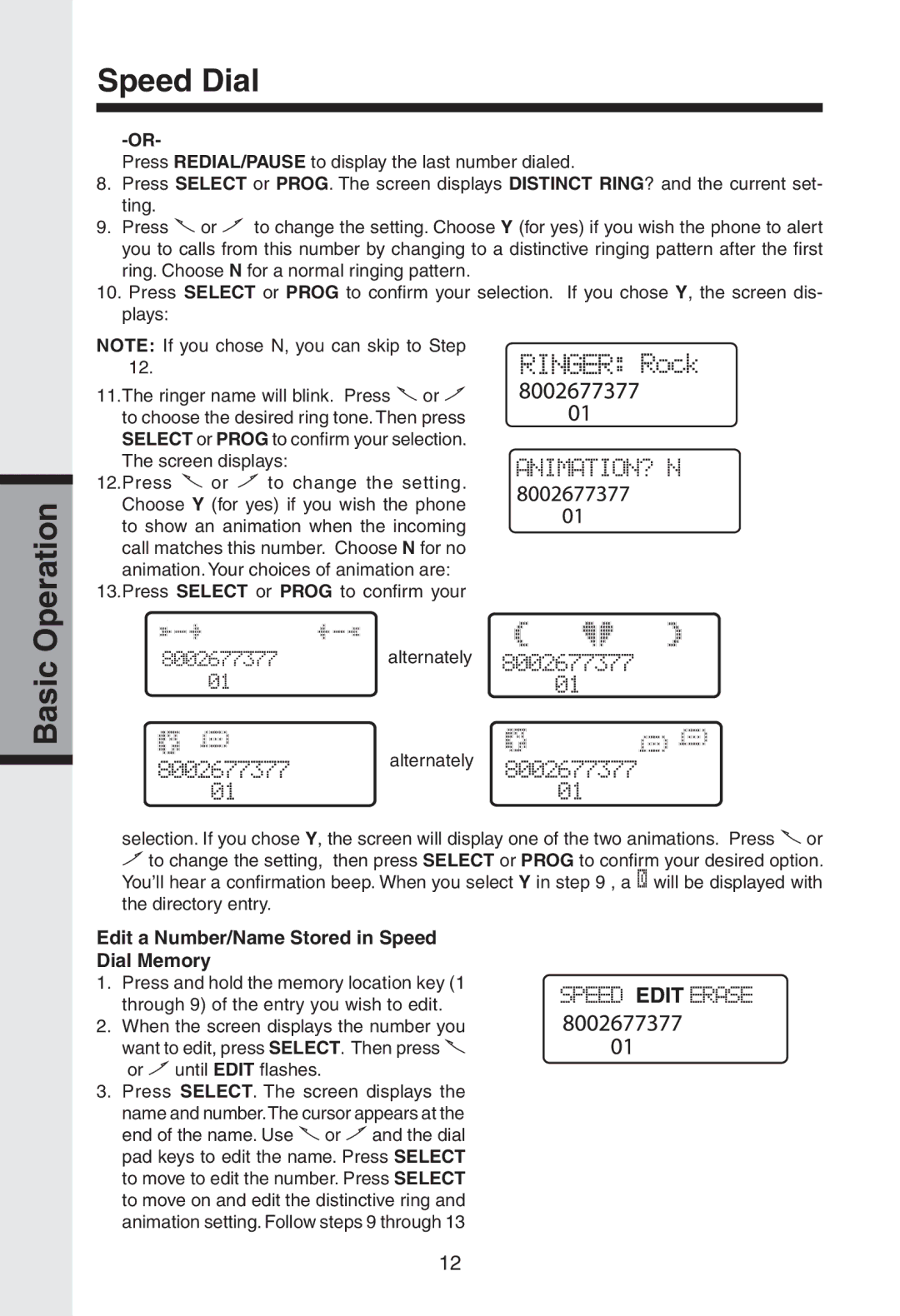 VTech gz2334 user manual Basic Operation Speed Dial, Edit a Number/Name Stored in Speed Dial Memory 