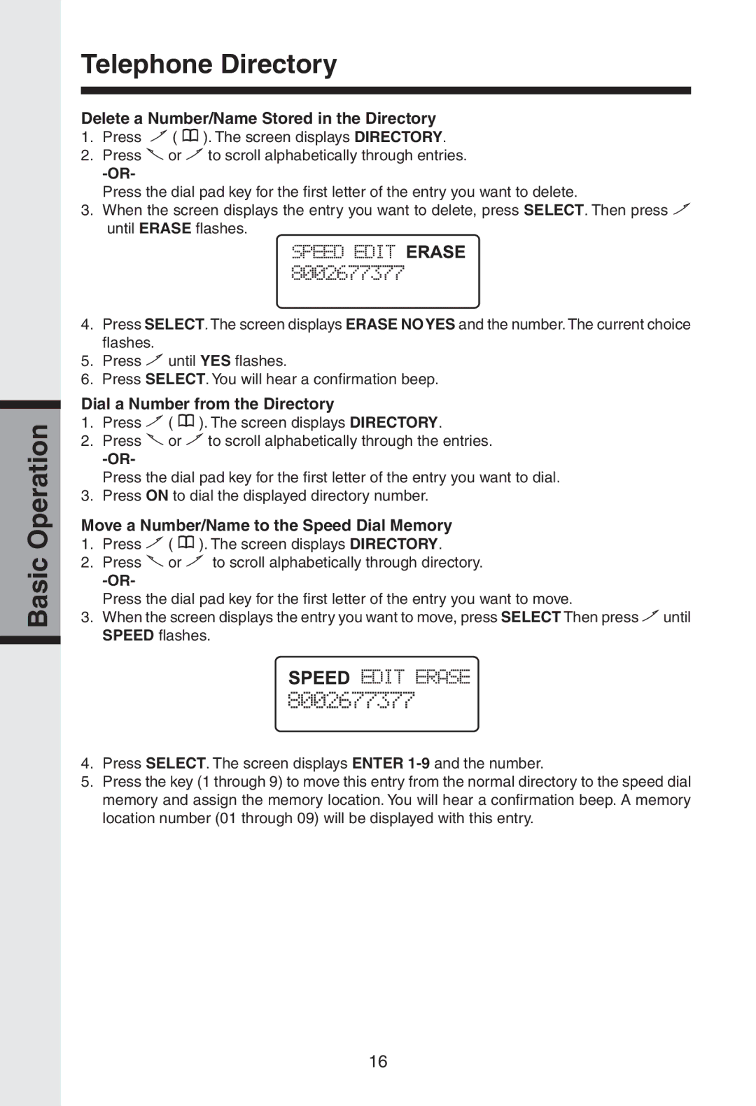 VTech gz2334 user manual Basic Operation Telephone Directory, Delete a Number/Name Stored in the Directory 