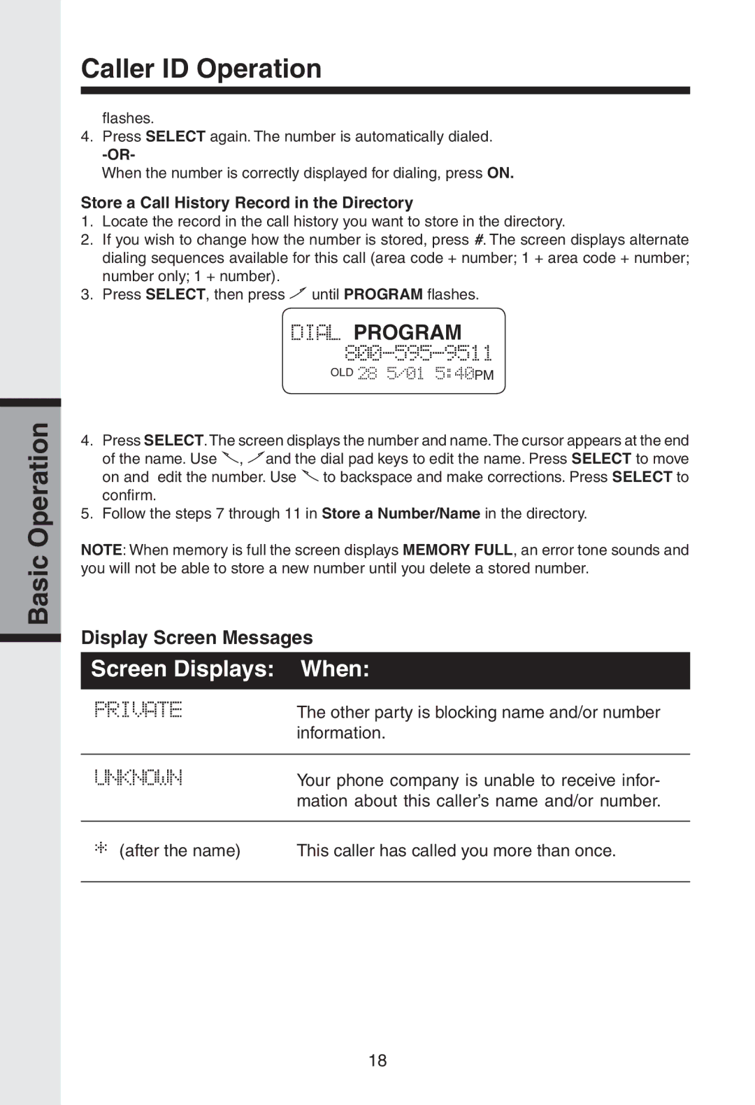 VTech gz2334 user manual Basic Operation Caller ID Operation, Store a Call History Record in the Directory 