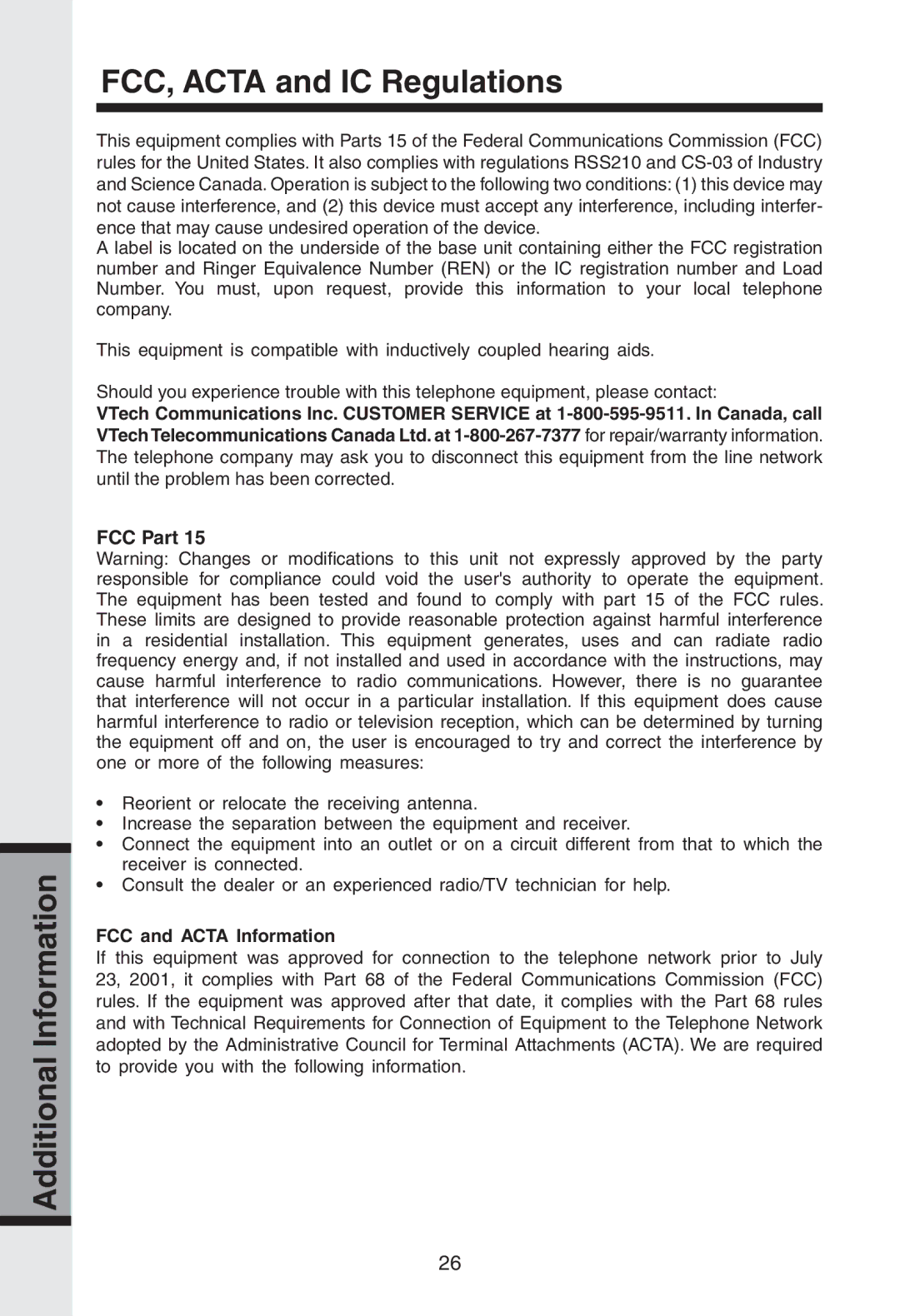 VTech gz2334 user manual Additional Information FCC, Acta and IC Regulations, FCC Part, FCC and Acta Information 