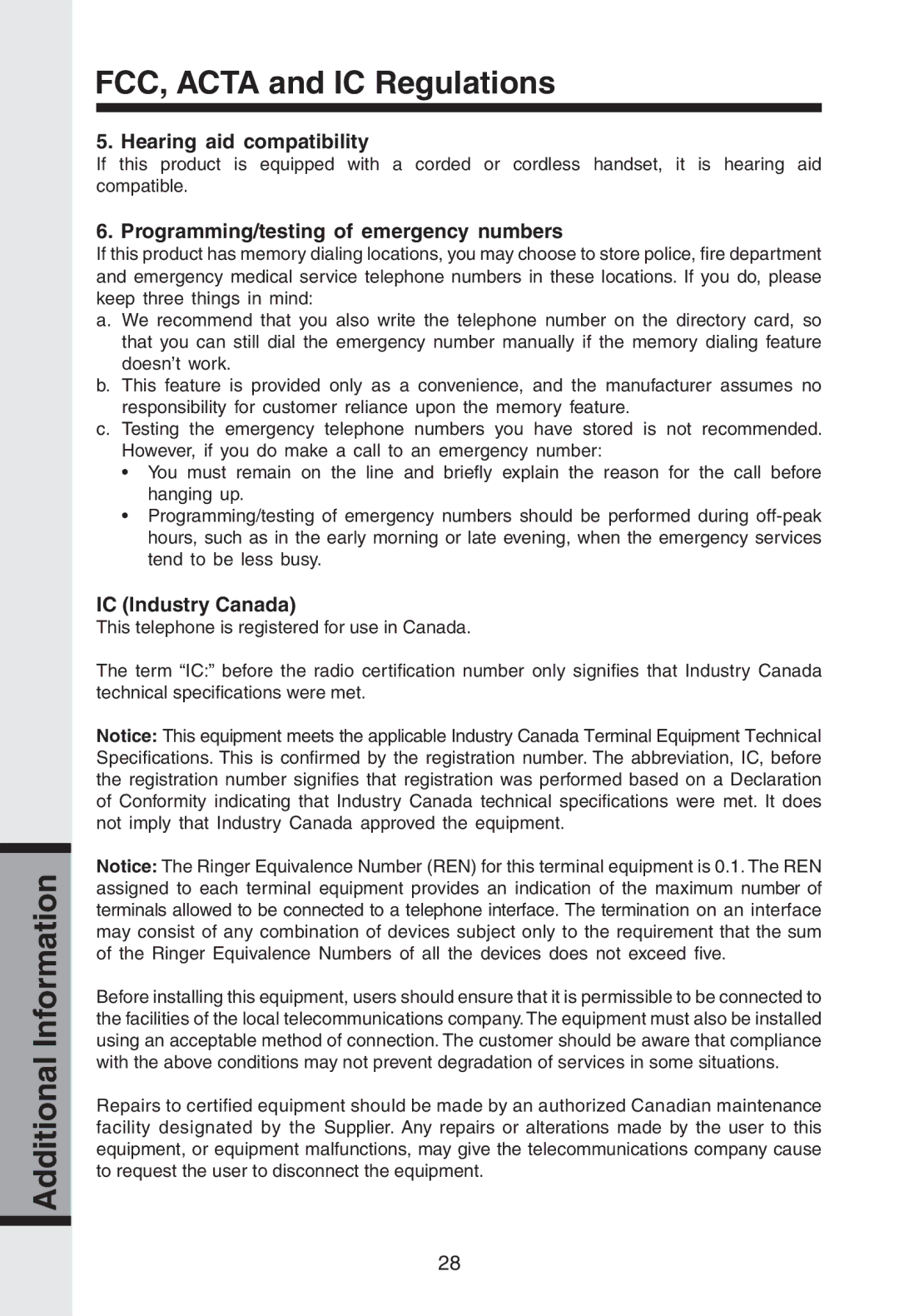 VTech gz2334 user manual Hearing aid compatibility, Programming/testing of emergency numbers, IC Industry Canada 