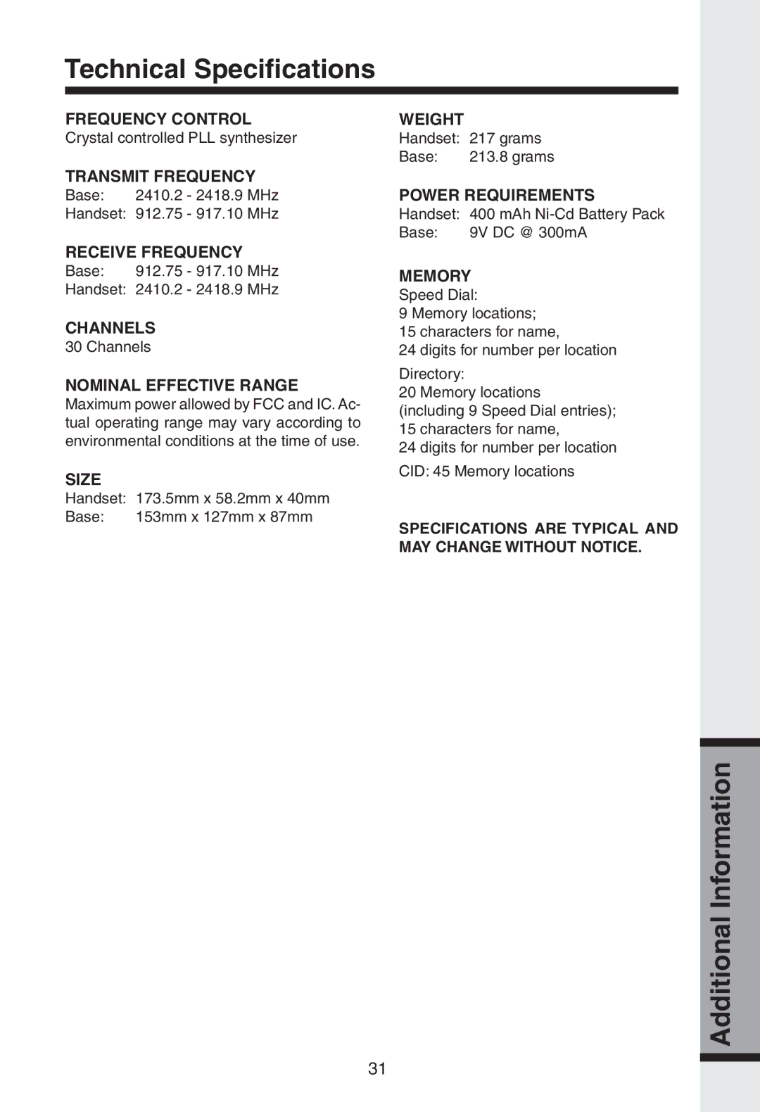 VTech gz2334 user manual Technical Specifications, Nominal Effective Range 