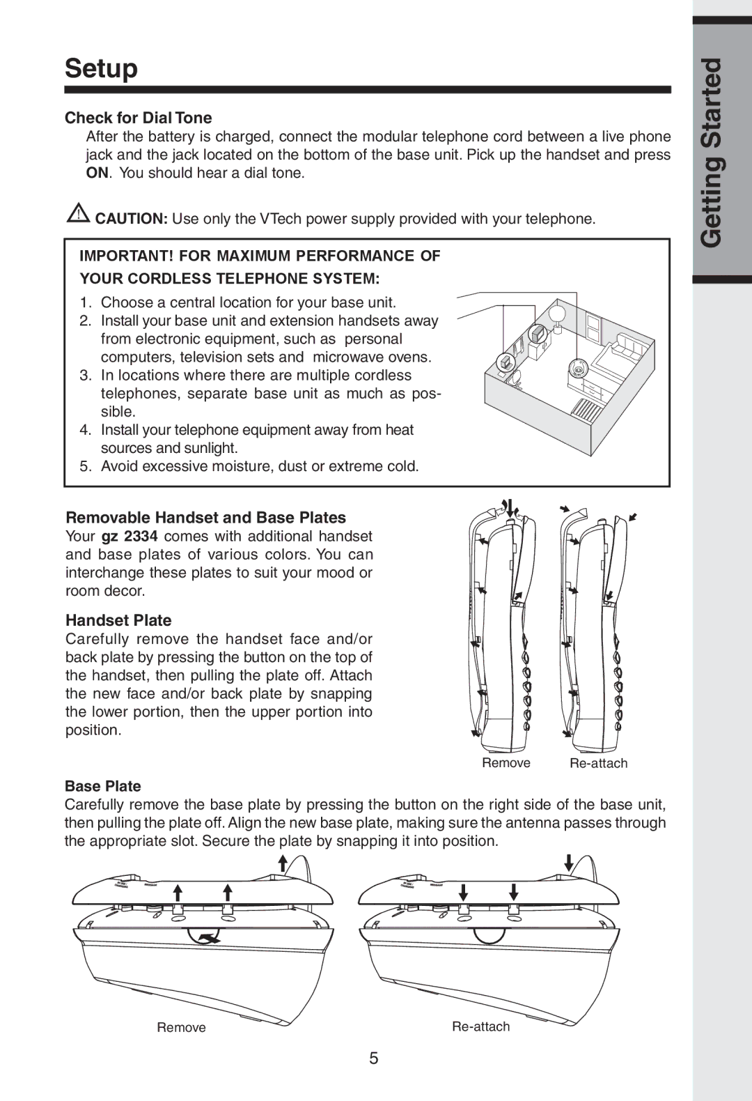 VTech gz2334 user manual Setup, Check for Dial Tone, Removable Handset and Base Plates, Handset Plate 