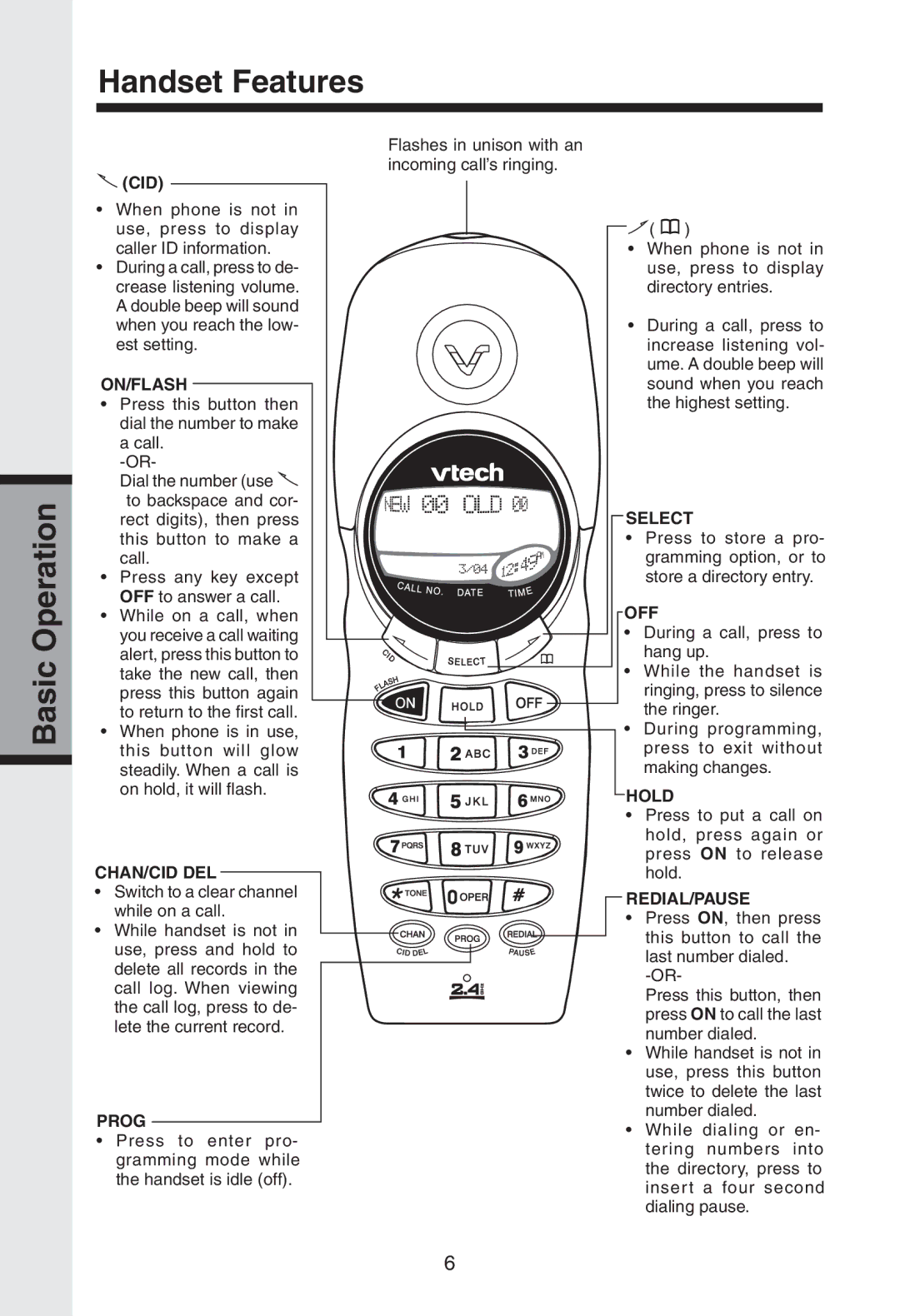 VTech gz2334 user manual Basic Operation Handset Features, Cid 