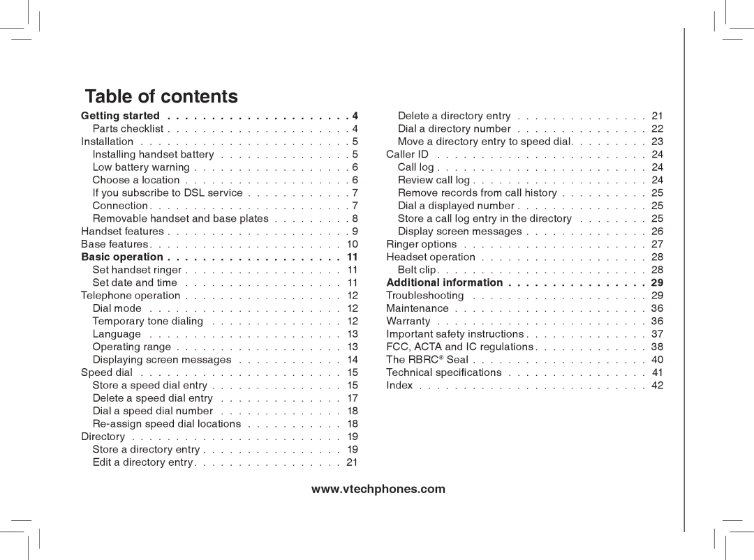 VTech gz2338, gz2335 user manual Table of contents 