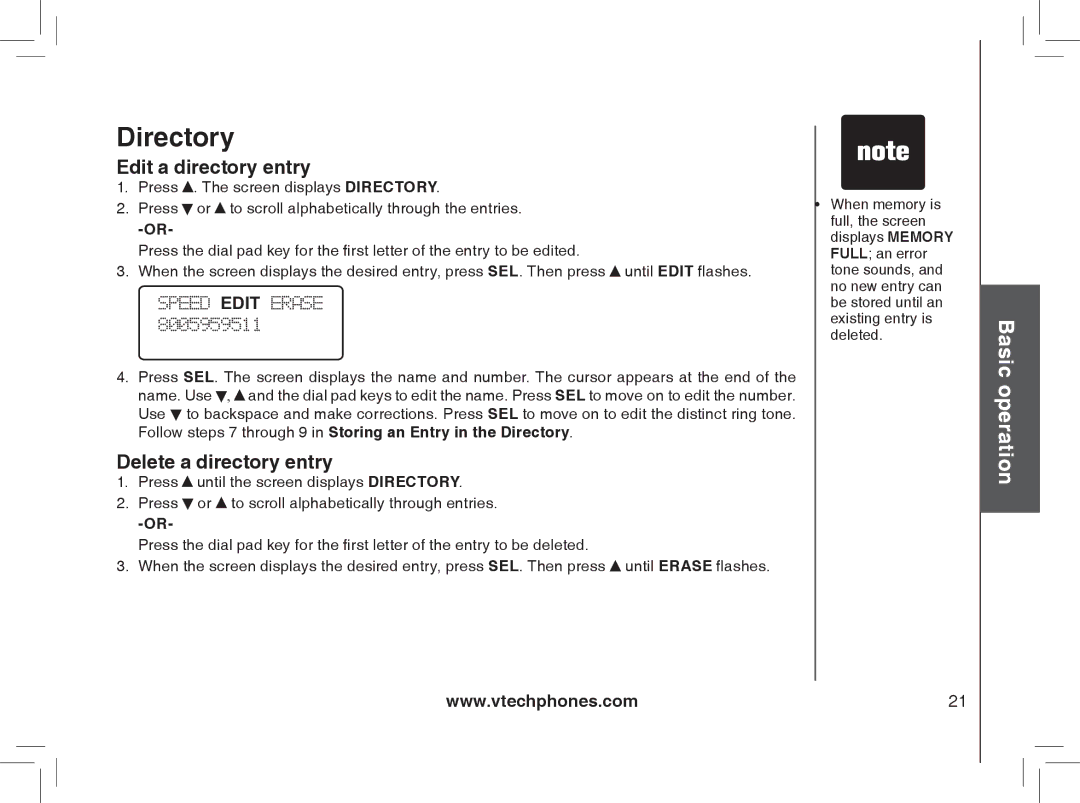 VTech gz2335, gz2338 user manual Edit a directory entry, Delete a directory entry 