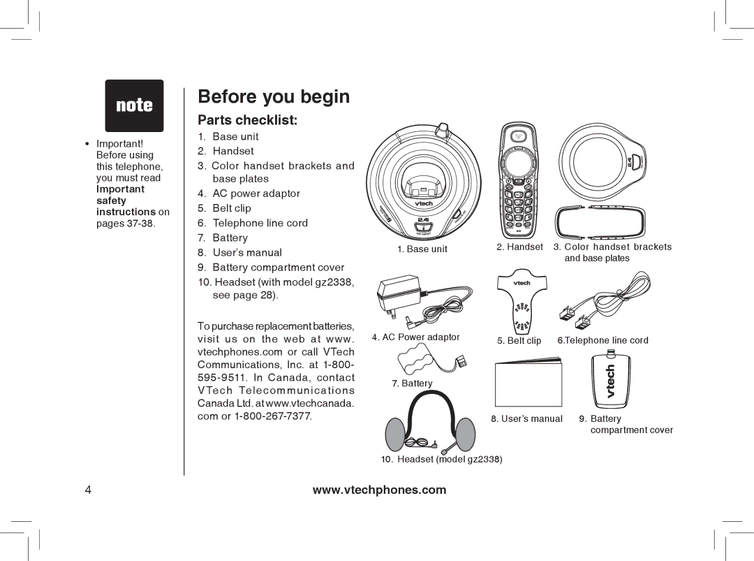 VTech gz2338, gz2335 user manual Before you begin, Parts checklist 