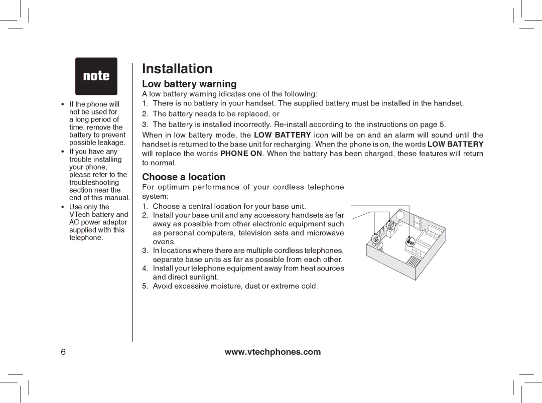 VTech gz2338, gz2335 user manual Low battery warning, Choose a location 