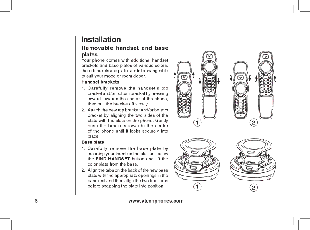 VTech gz2338, gz2335 user manual Removable handset and base plates, Handset brackets 