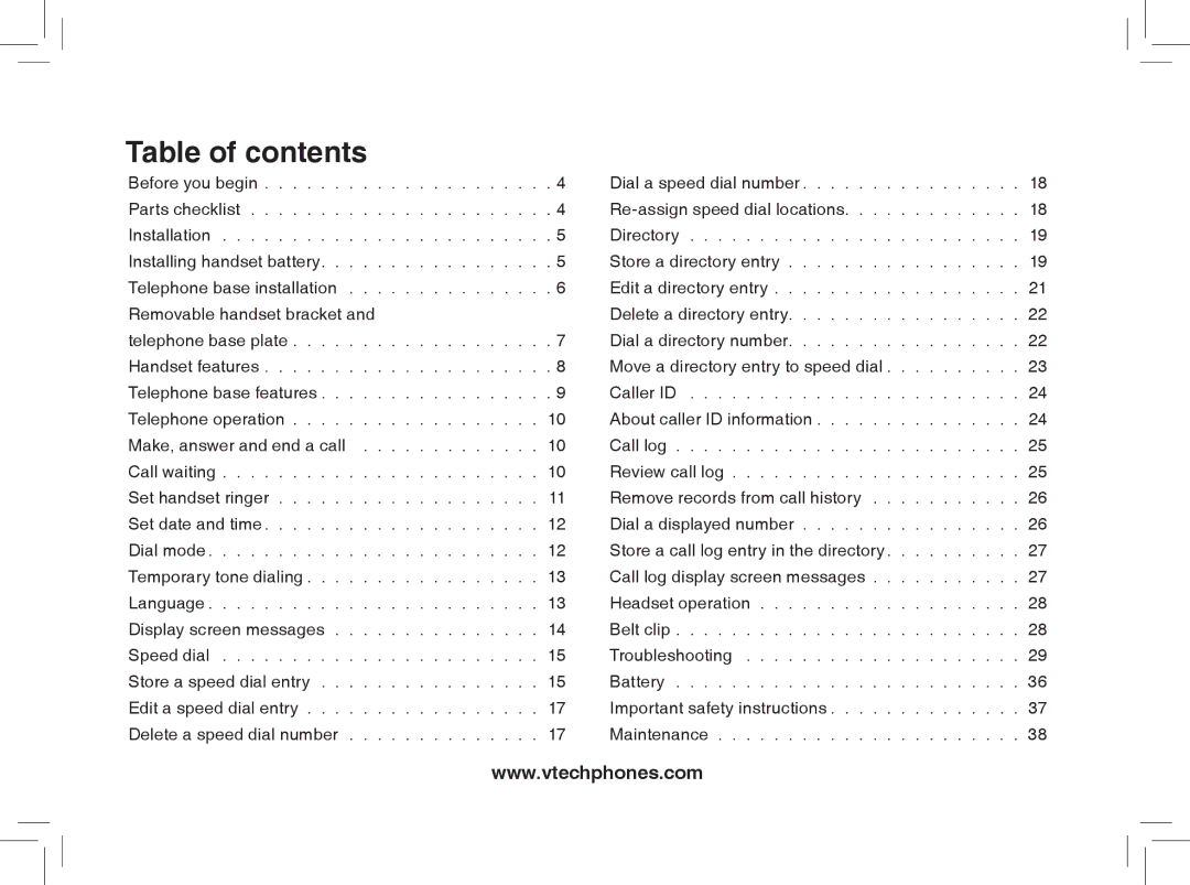 VTech gz5838 important safety instructions Table of contents 