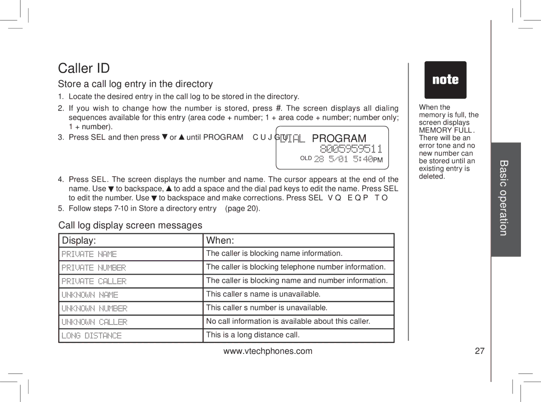 VTech gz5838 Store a call log entry in the directory, Call log display screen messages Display When 