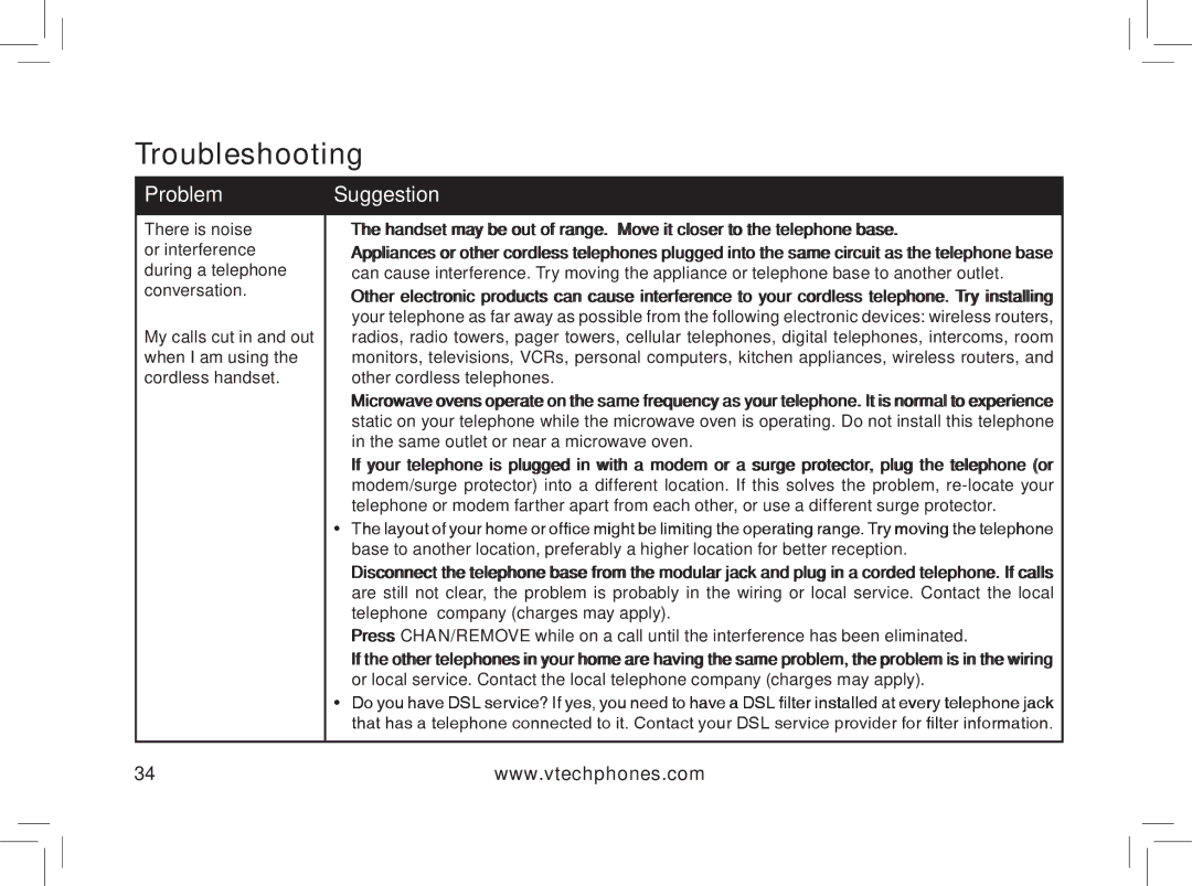 VTech gz5838 There is noise, Or interference, Same outlet or near a microwave oven, Telephone company charges may apply 