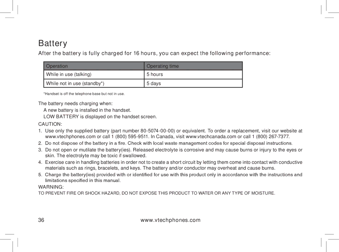 VTech gz5838 important safety instructions Battery 