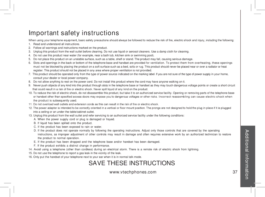 VTech gz5838 important safety instructions Important safety instructions 