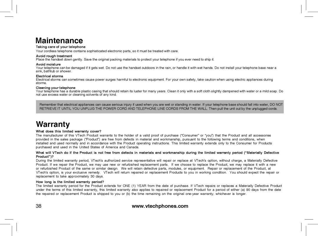 VTech gz5838 important safety instructions Maintenance, Warranty 