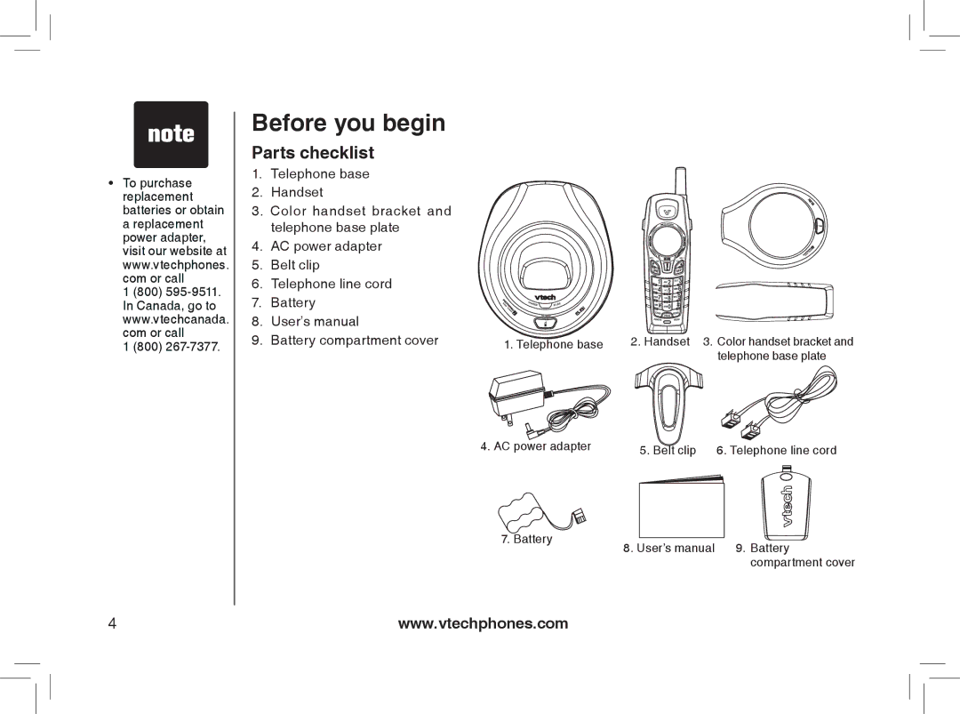 VTech gz5838 important safety instructions Before you begin, Parts checklist 