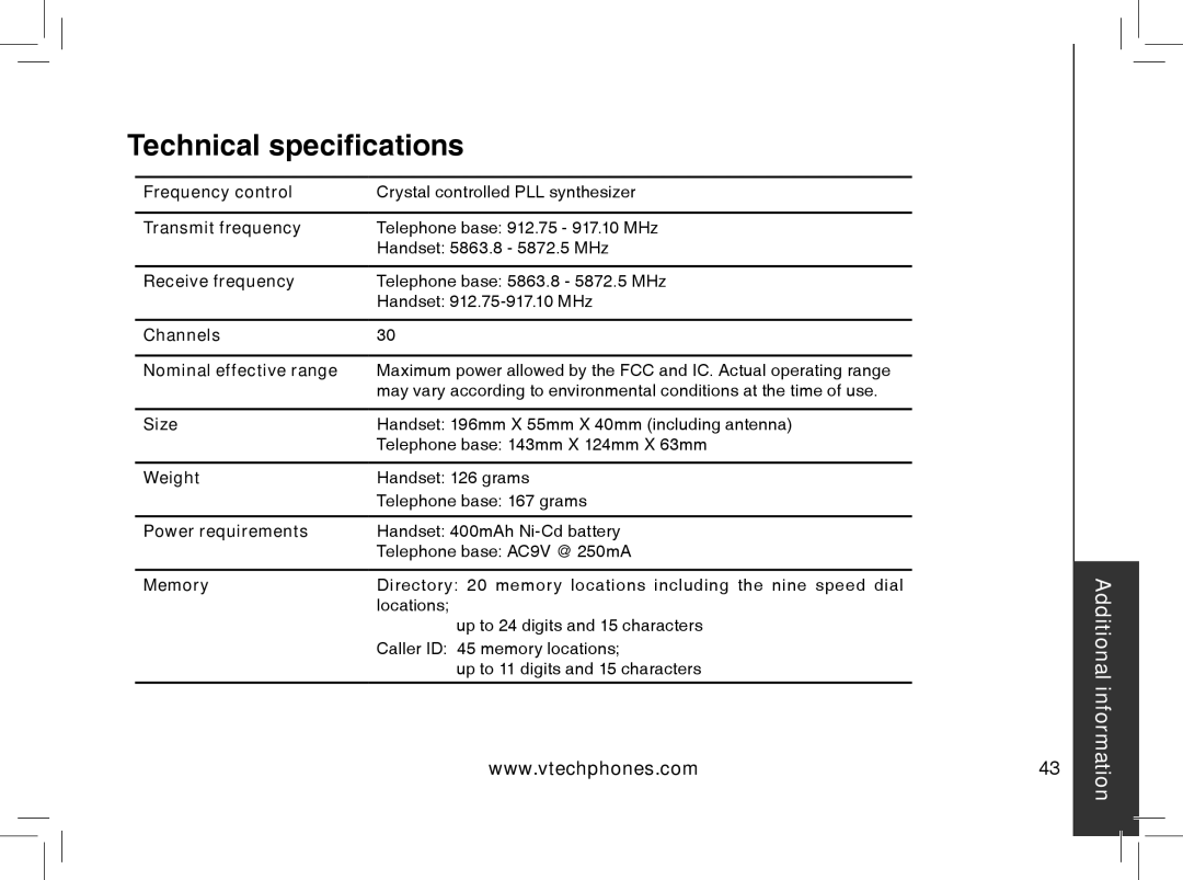 VTech gz5838 important safety instructions Technical specifications 