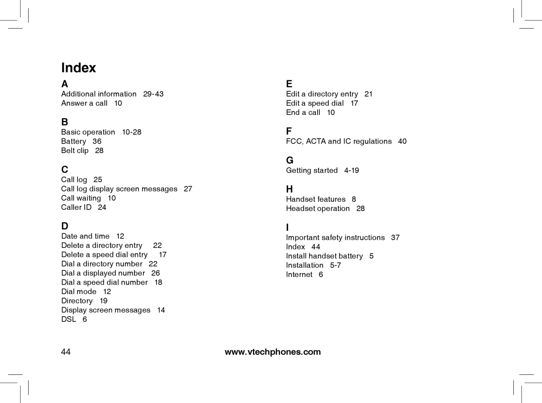 VTech gz5838 important safety instructions Index, Dsl 