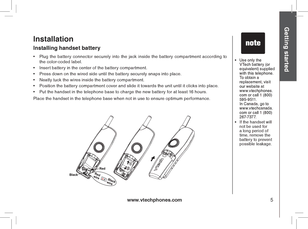 VTech gz5838 important safety instructions Installation, Installing handset battery 