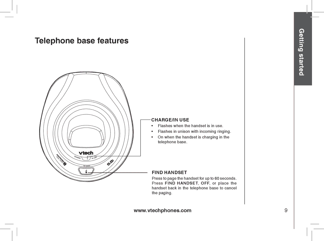 VTech gz5838 important safety instructions Telephone base features, Charge/In Use 