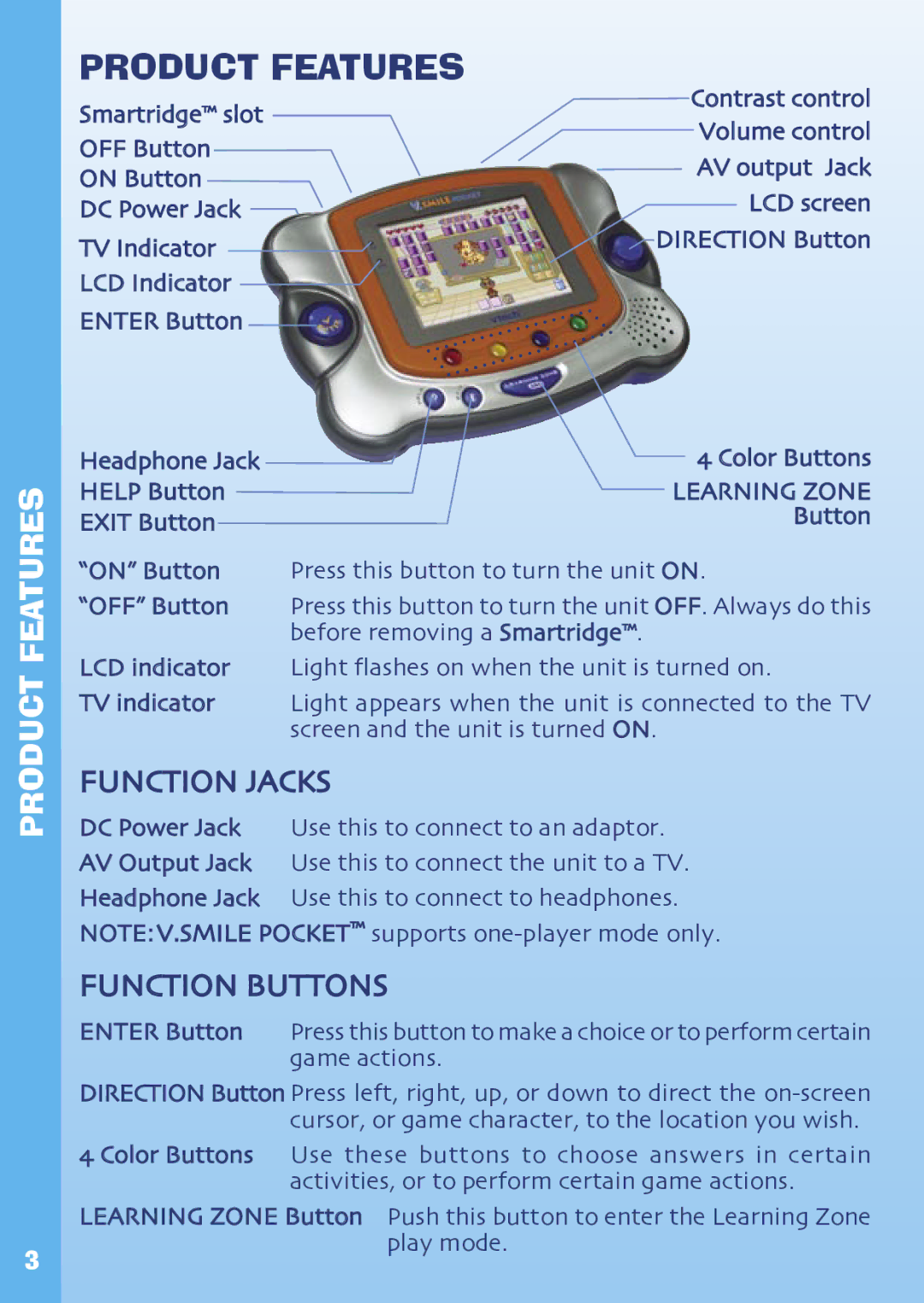 VTech Hand-Held Video Game manual Product Features, Function Jacks, Function Buttons 