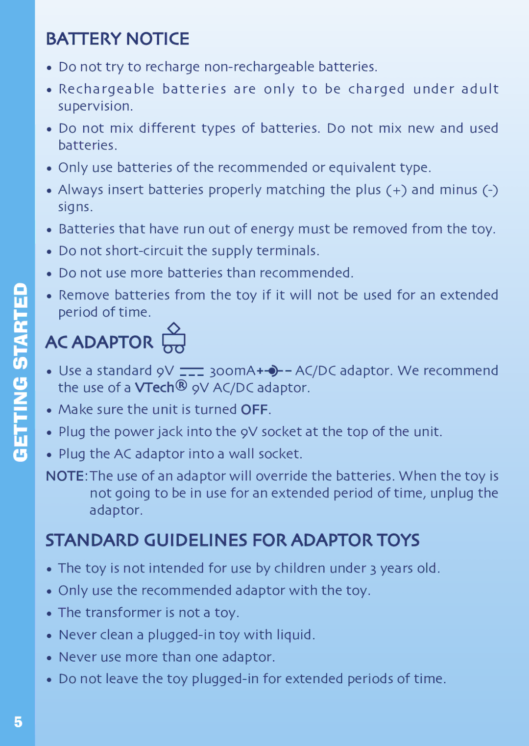 VTech Hand-Held Video Game manual Battery Notice, AC Adaptor, Standard Guidelines for Adaptor Toys 