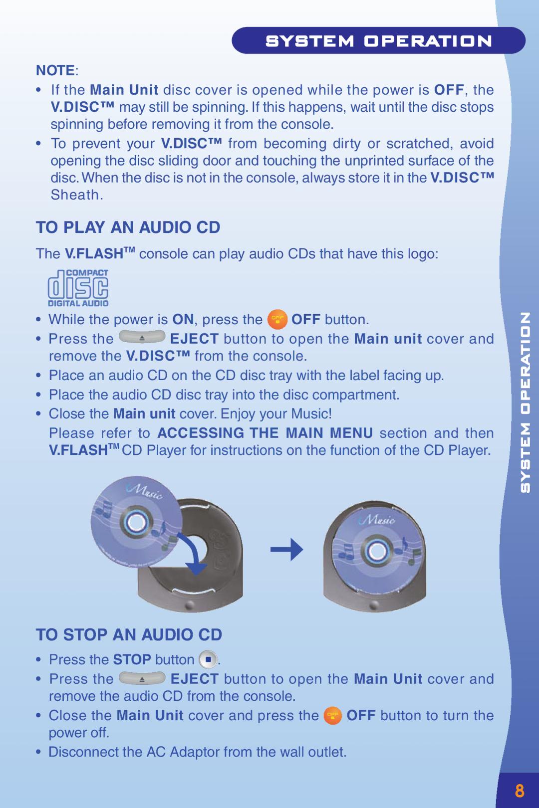 VTech Home Edutainment System manual To Play AN Audio CD, To Stop AN Audio CD 