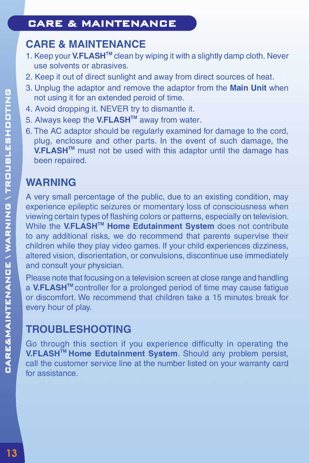 VTech Home Edutainment System manual Care & Maintenance, Troubleshooting 