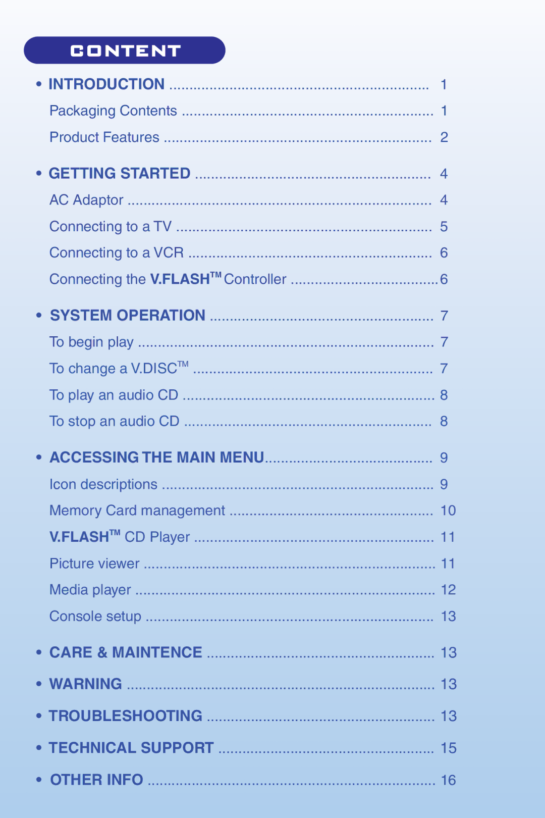 VTech Home Edutainment System manual Content, Accessing the Main Menu 