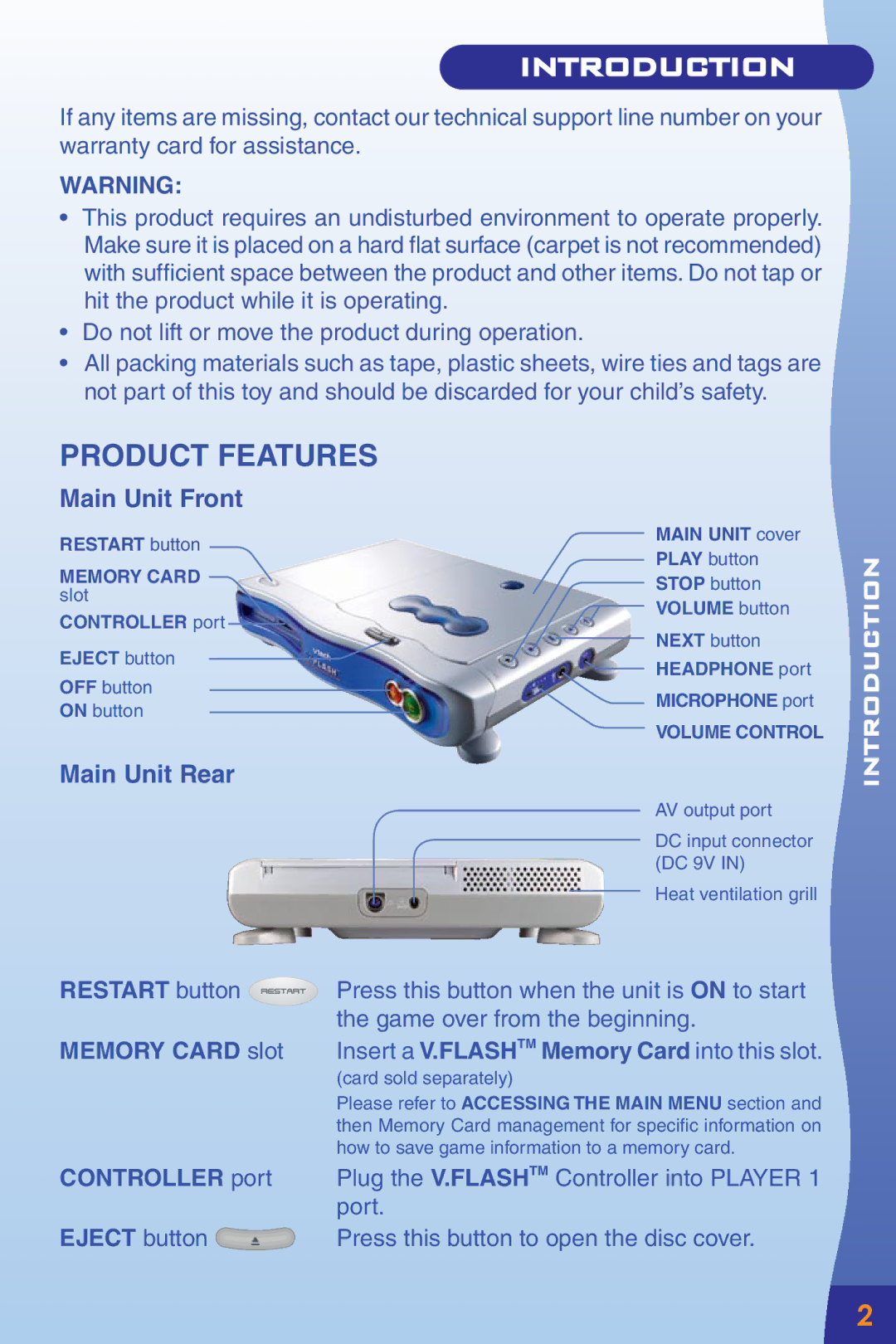 VTech Home Edutainment System manual Product Features, Restart button, Memory Card slot, Controller port, Eject button 