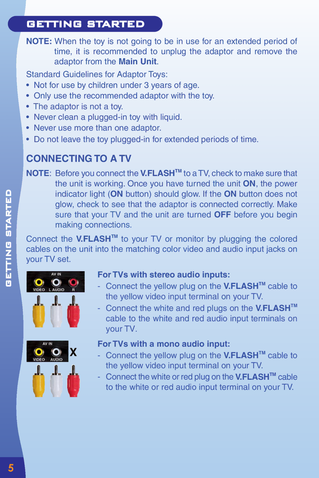 VTech Home Edutainment System manual Connecting to a TV, For TVs with stereo audio inputs, For TVs with a mono audio input 