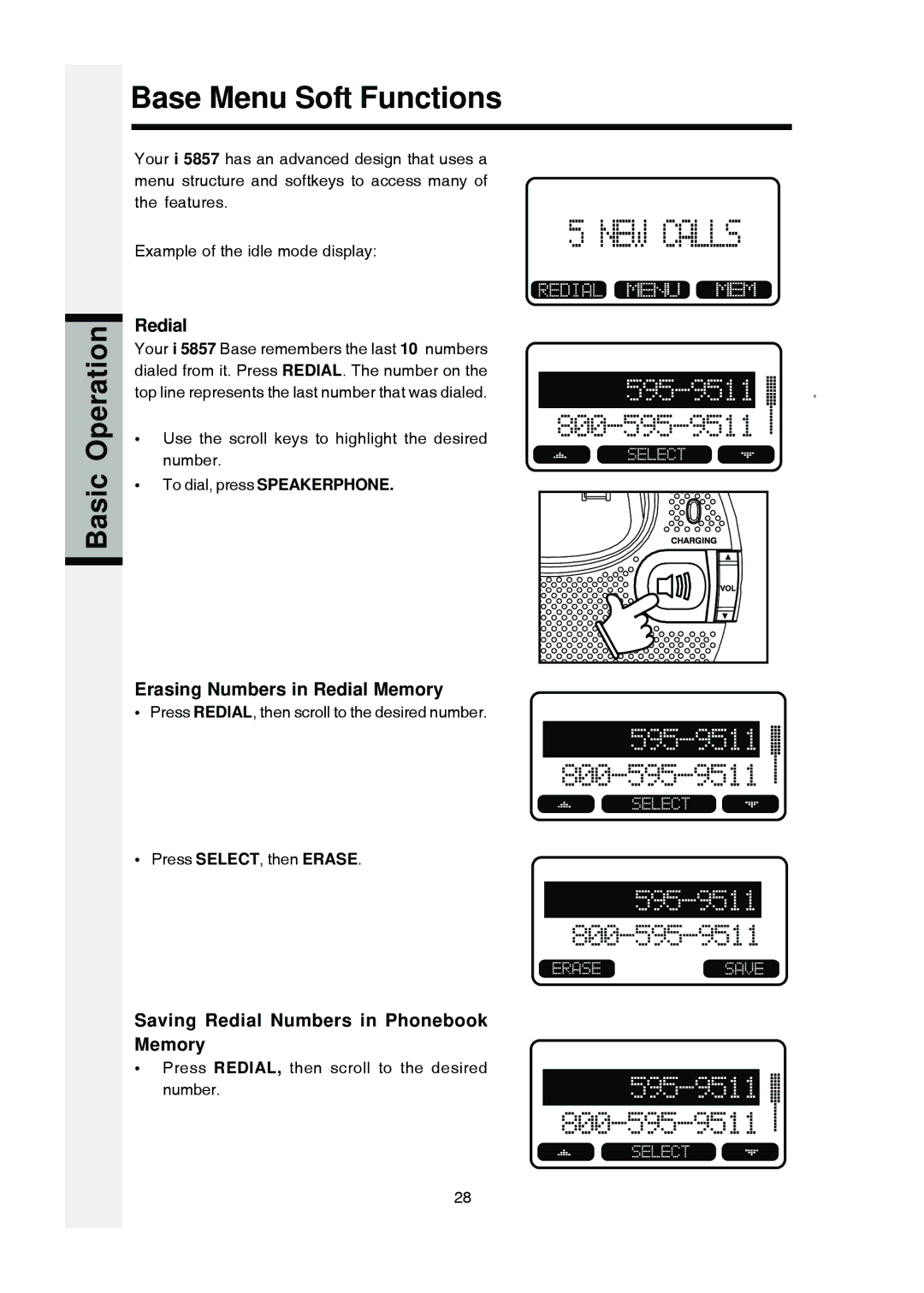 VTech i 5803 Base Menu Soft Functions, Erasing Numbers in Redial Memory, Saving Redial Numbers in Phonebook Memory 