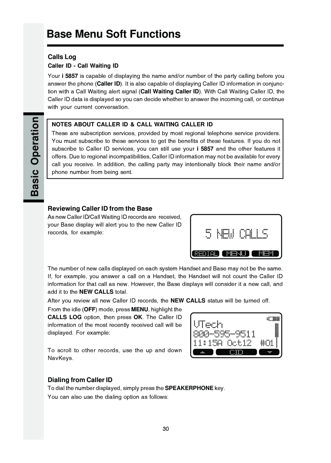 VTech i 5803 operating instructions Reviewing Caller ID from the Base, Dialing from Caller ID, Caller ID Call Waiting ID 