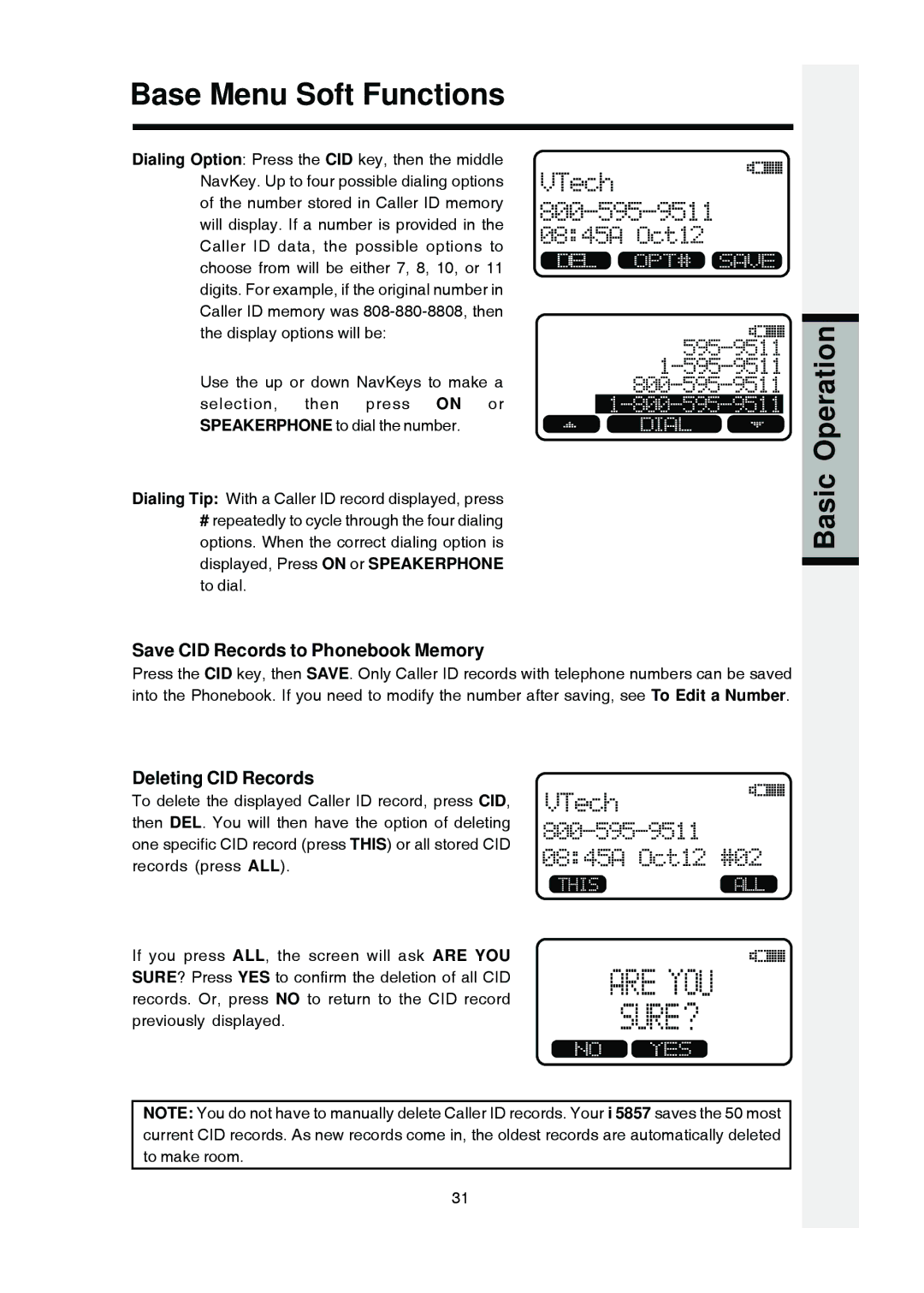 VTech i 5803 operating instructions Save CID Records to Phonebook Memory, Deleting CID Records 