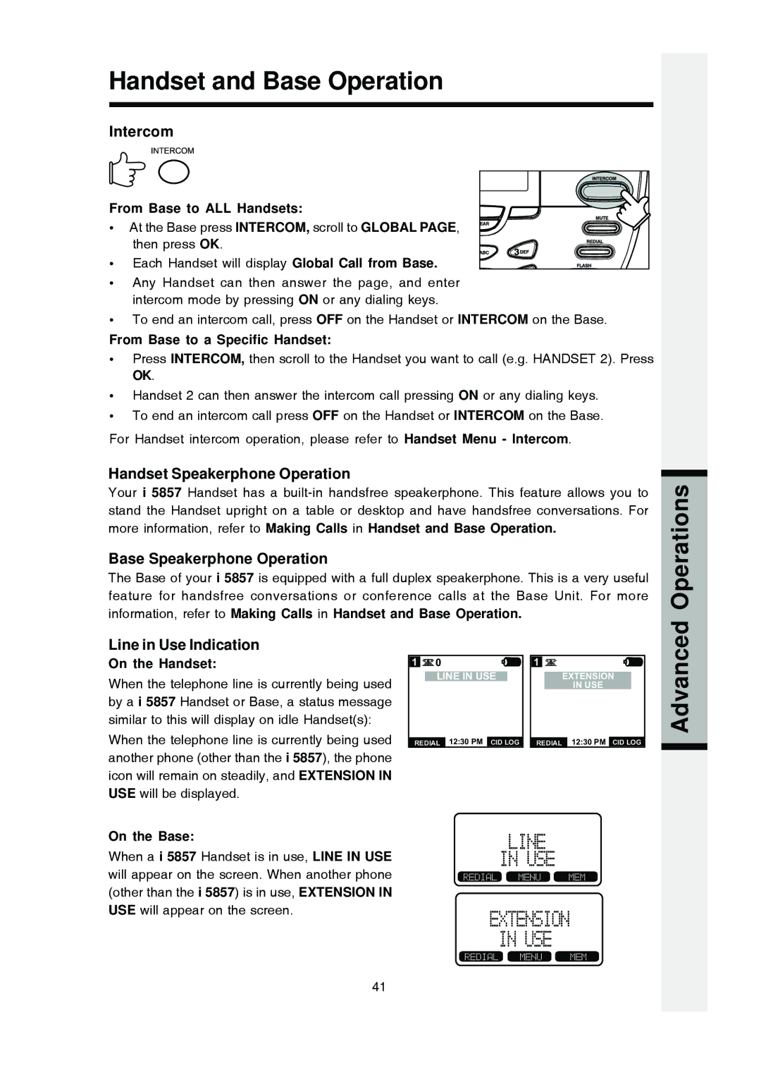 VTech i 5803 operating instructions Handset Speakerphone Operation, Base Speakerphone Operation, Line in Use Indication 