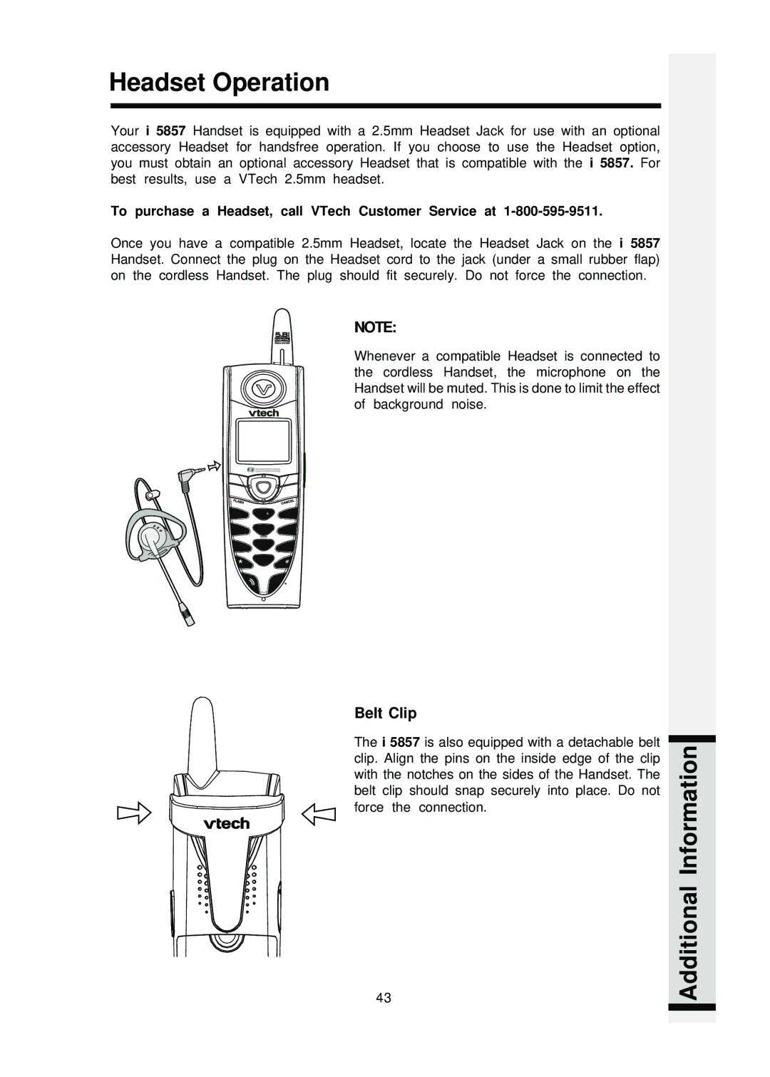 VTech i 5803 operating instructions Headset Operation, Belt Clip, To purchase a Headset, call VTech Customer Service at 