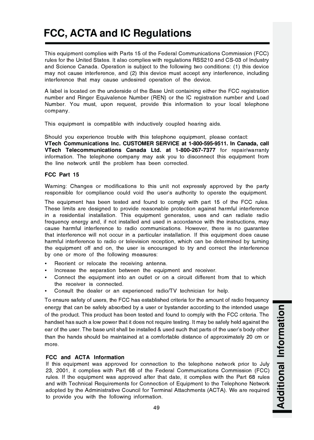 VTech i 5803 operating instructions FCC, Acta and IC Regulations, FCC Part, FCC and Acta Information 