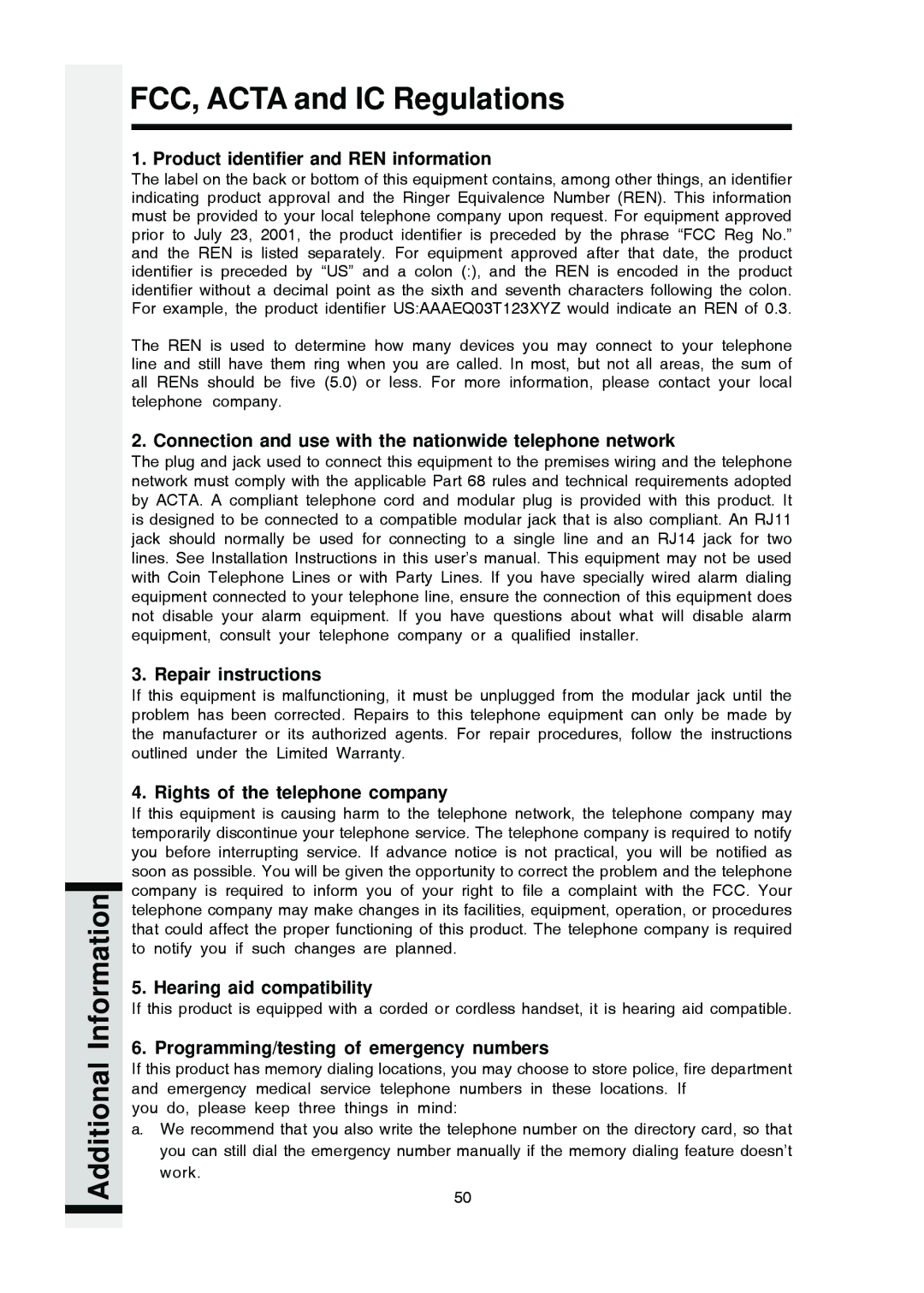 VTech i 5803 Product identifier and REN information, Connection and use with the nationwide telephone network 