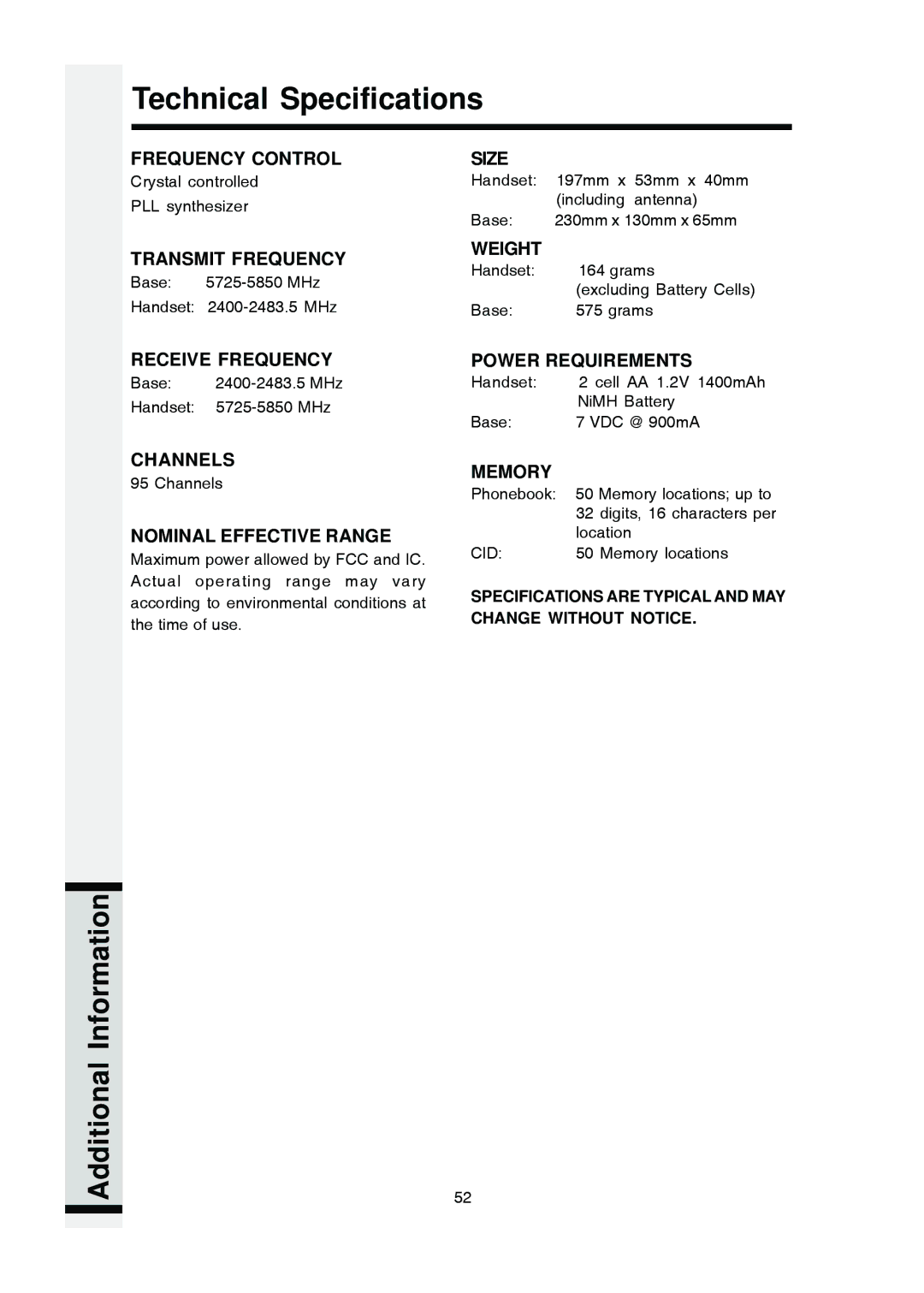 VTech i 5803 operating instructions Technical Specifications, Nominal Effective Range 