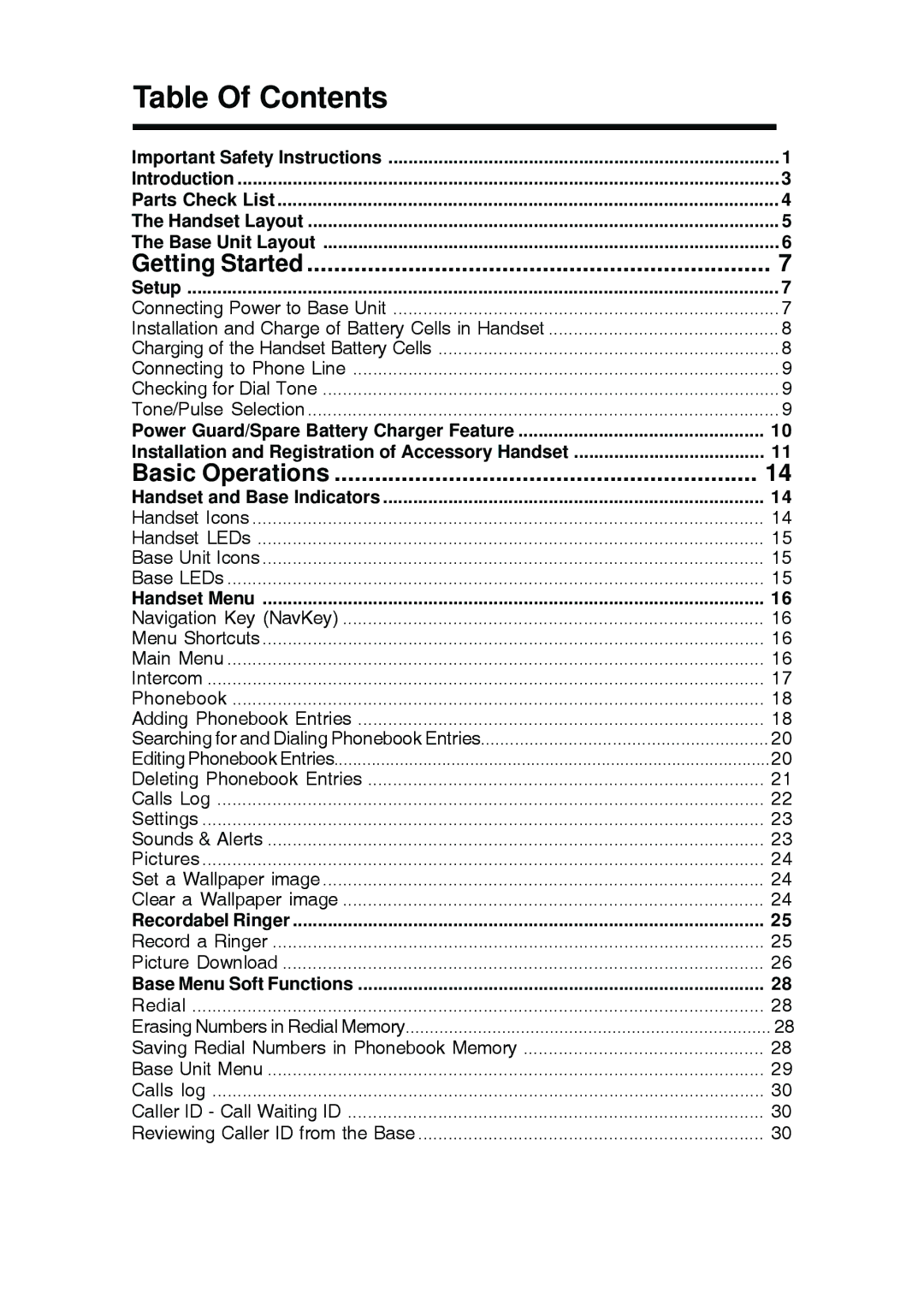 VTech i 5803 operating instructions Table Of Contents 