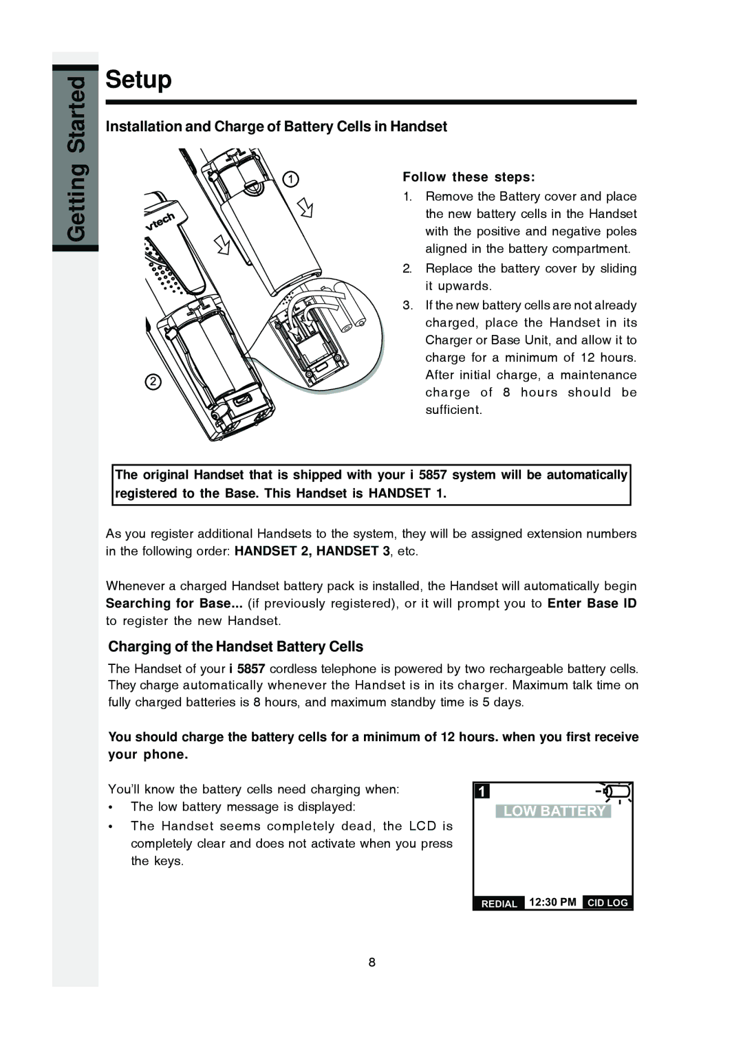 VTech i 5803 Installation and Charge of Battery Cells in Handset, Charging of the Handset Battery Cells 