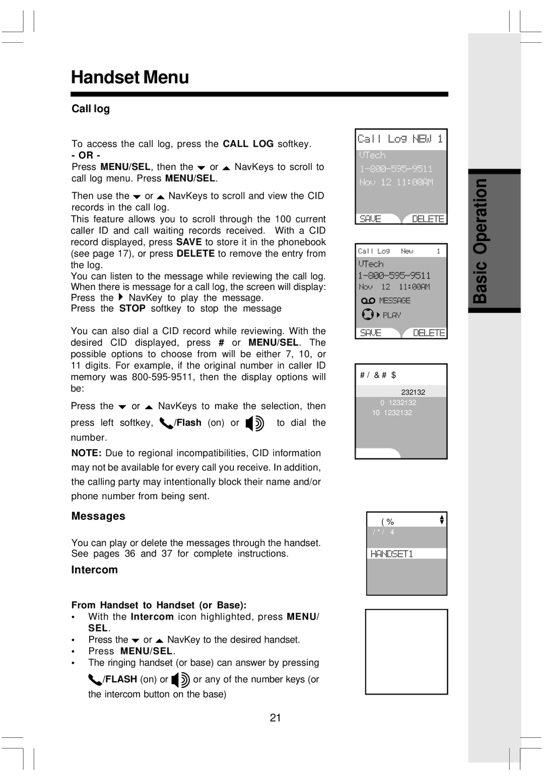 VTech i 5808 important safety instructions Call log, Messages, Intercom 