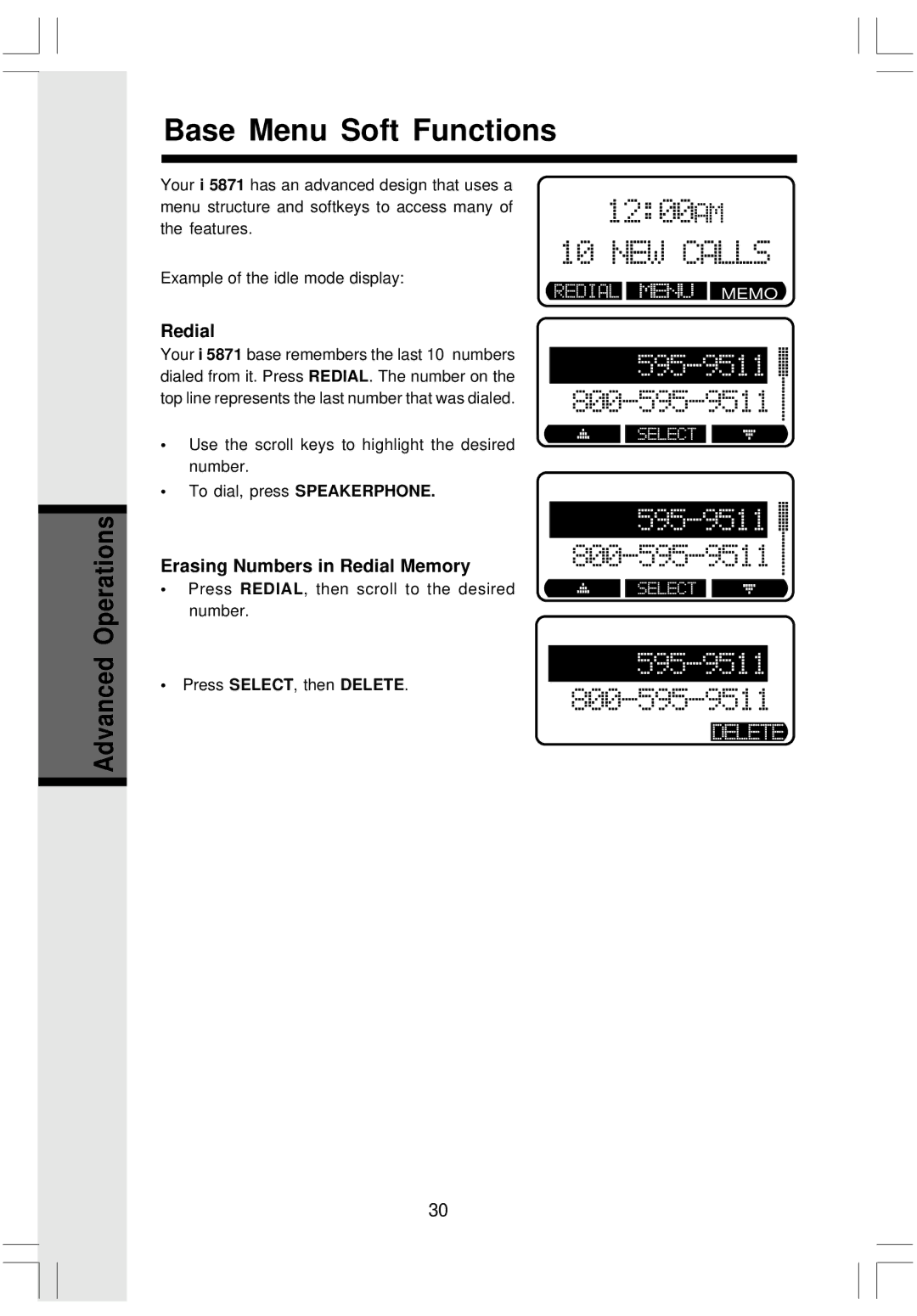 VTech i 5808 important safety instructions Base Menu Soft Functions, Erasing Numbers in Redial Memory 