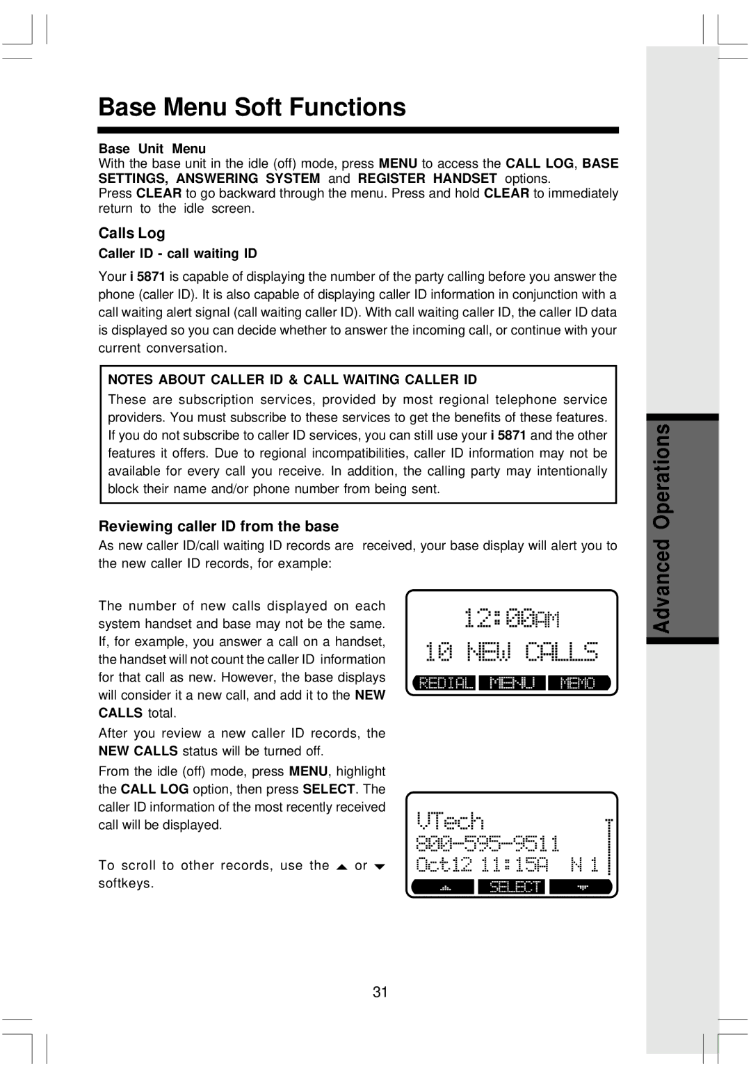 VTech i 5808 Calls Log, Reviewing caller ID from the base, Base Unit Menu, Caller ID call waiting ID 