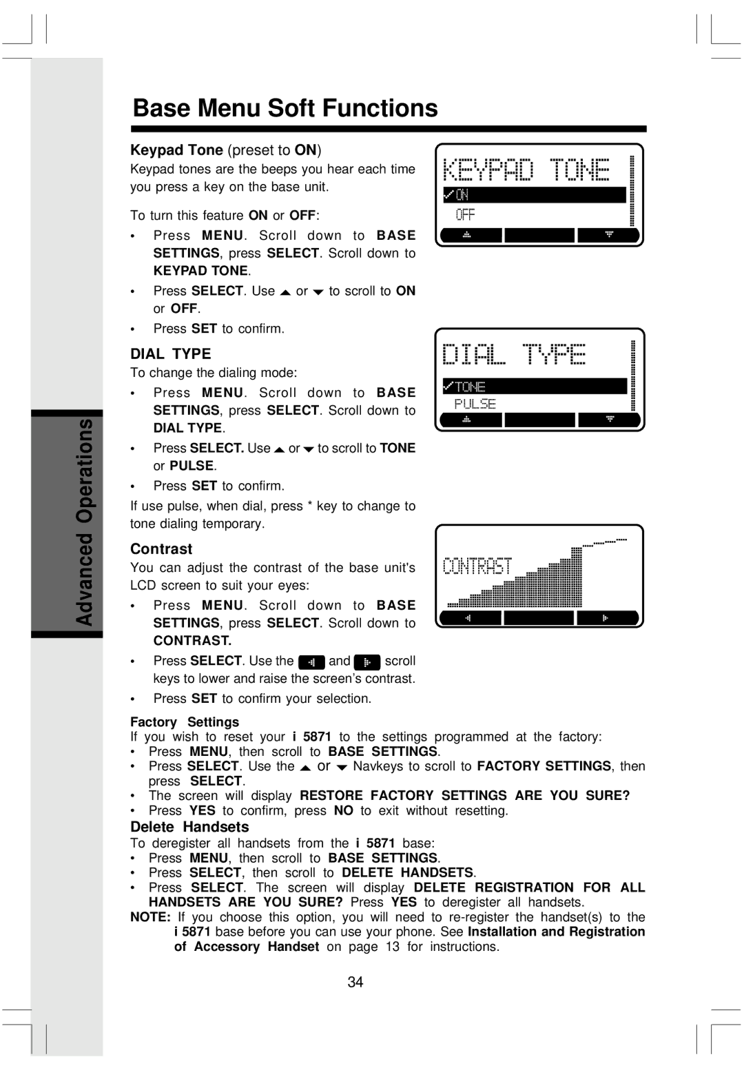 VTech i 5808 important safety instructions Keypad Tone preset to on, Contrast, Delete Handsets 